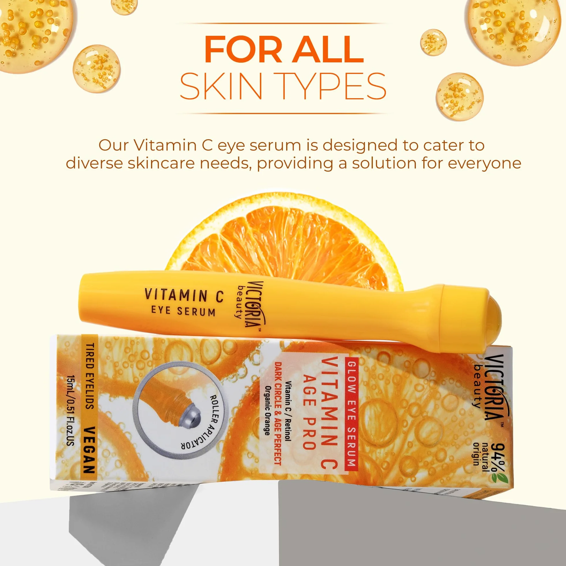 Victoria Beauty serum z witaminą C do oczu z rolką - na cienie pod oczami, obrzęki i worki pod oczami - z retinolem i witaminą E - 94% naturalne, 15 ml