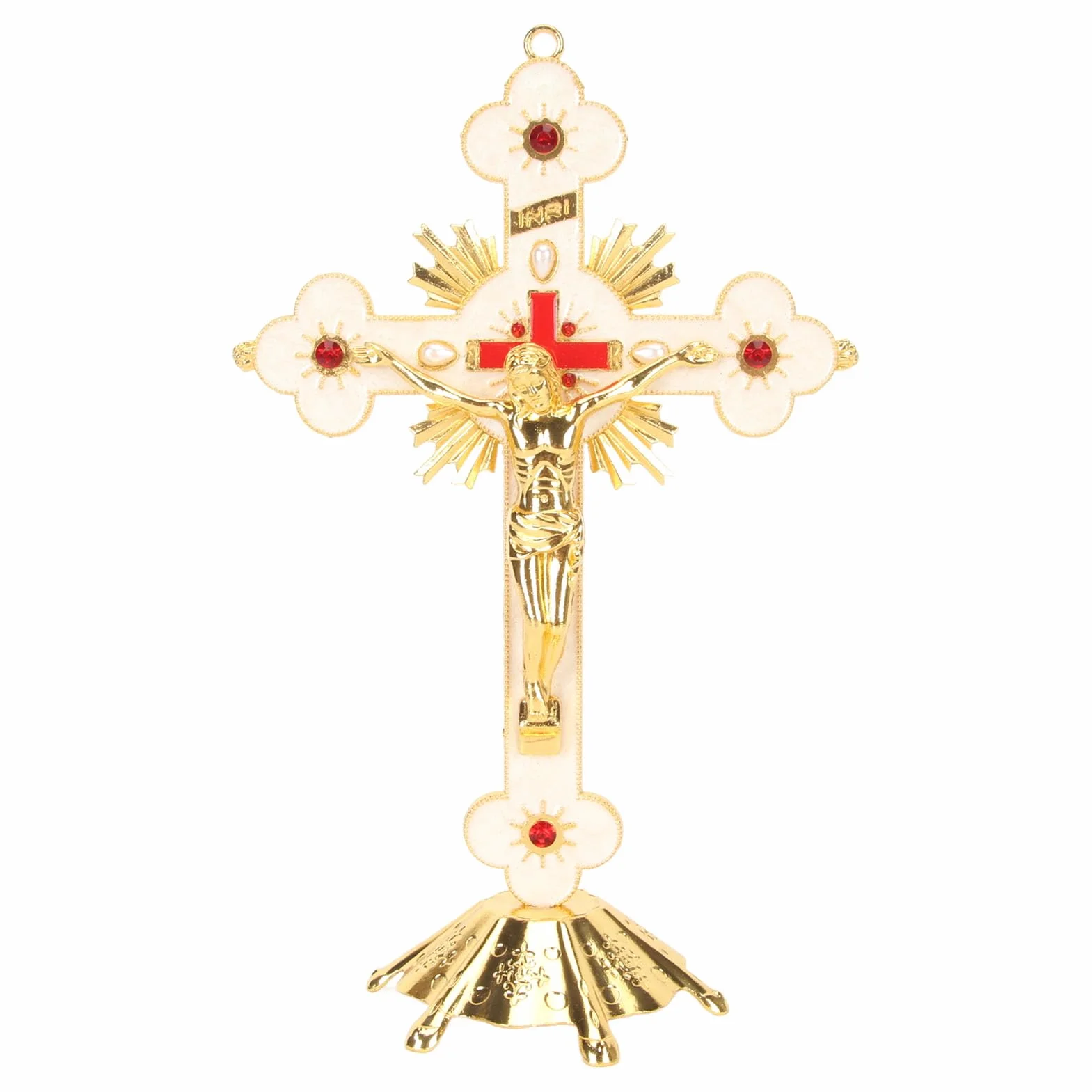 Fockety Stojący Krzyż Znakomity Metalowy Krzyż Stojący Elegancki Retro Retro Krzyż Krzyż Czerwony Rhinestone Dekoracji Z Podstawą Katolicki Krzyż Jezusa Długotrwały