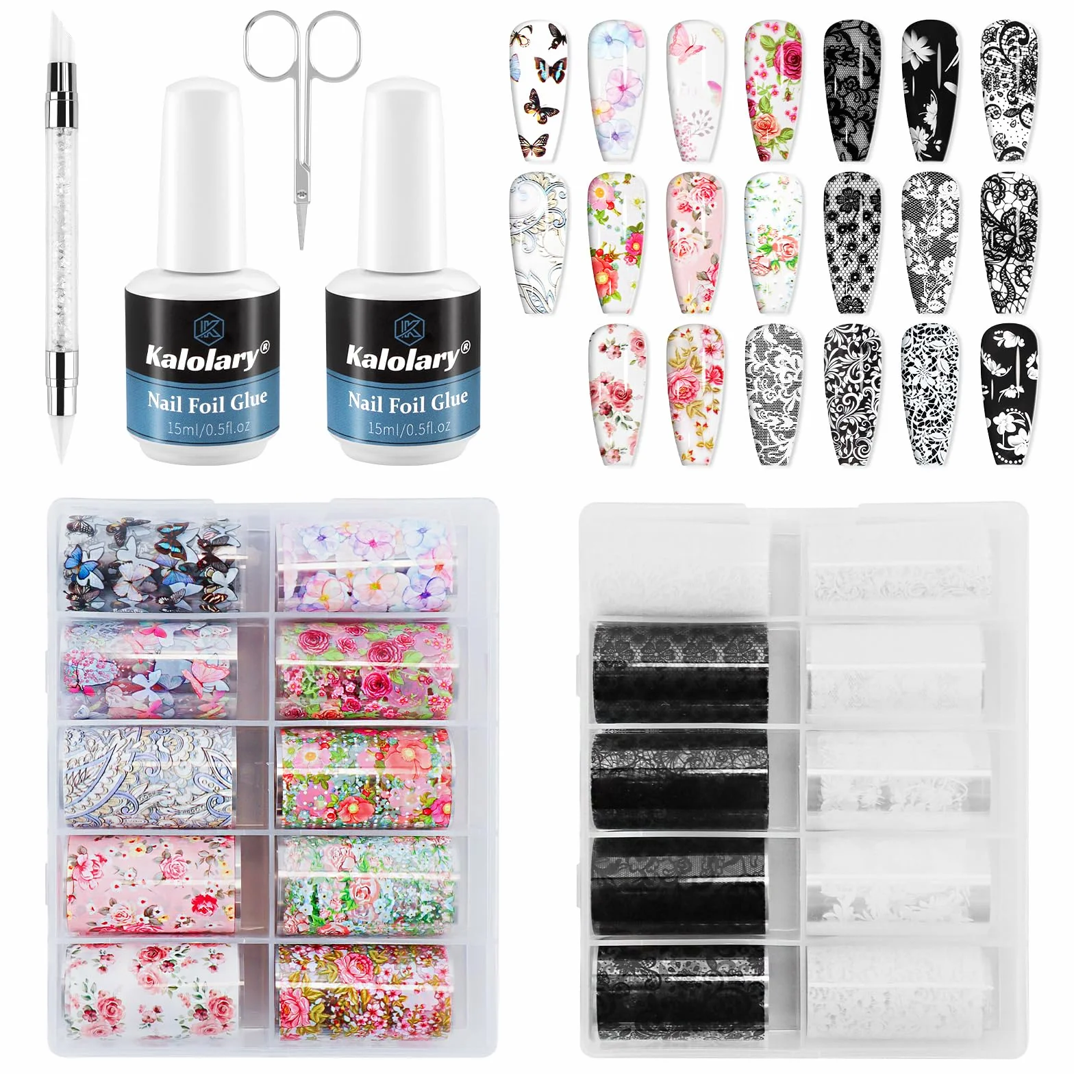 Kalolary Zestaw folii do paznokci holograficzne arkusze foliowe z klejem żelowym do manicure DIY (20P)