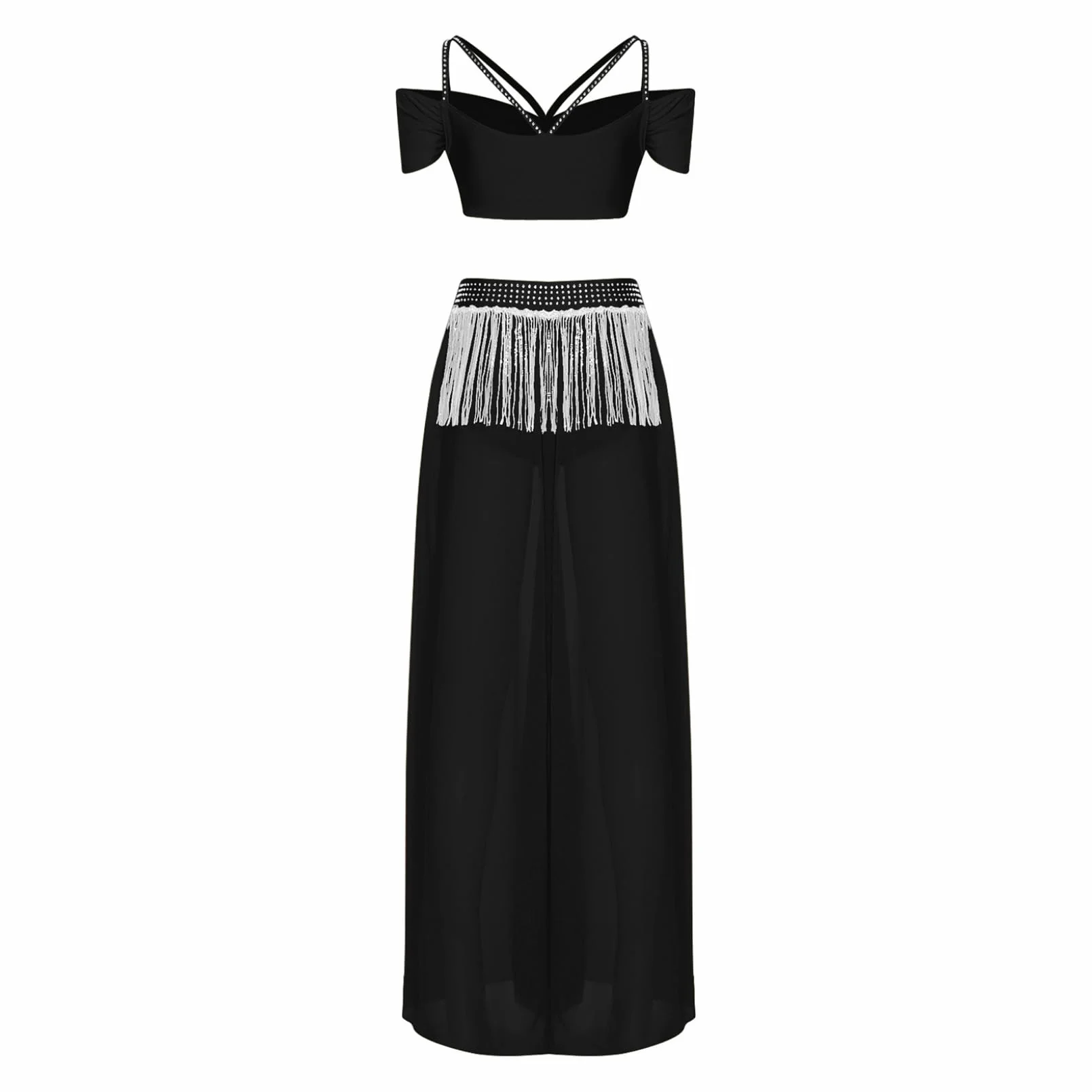 Damski częściowy strój do tańca brzucha Cold Shoulder Crop Top z frędzlami spódnica z wysokim rozcięciem