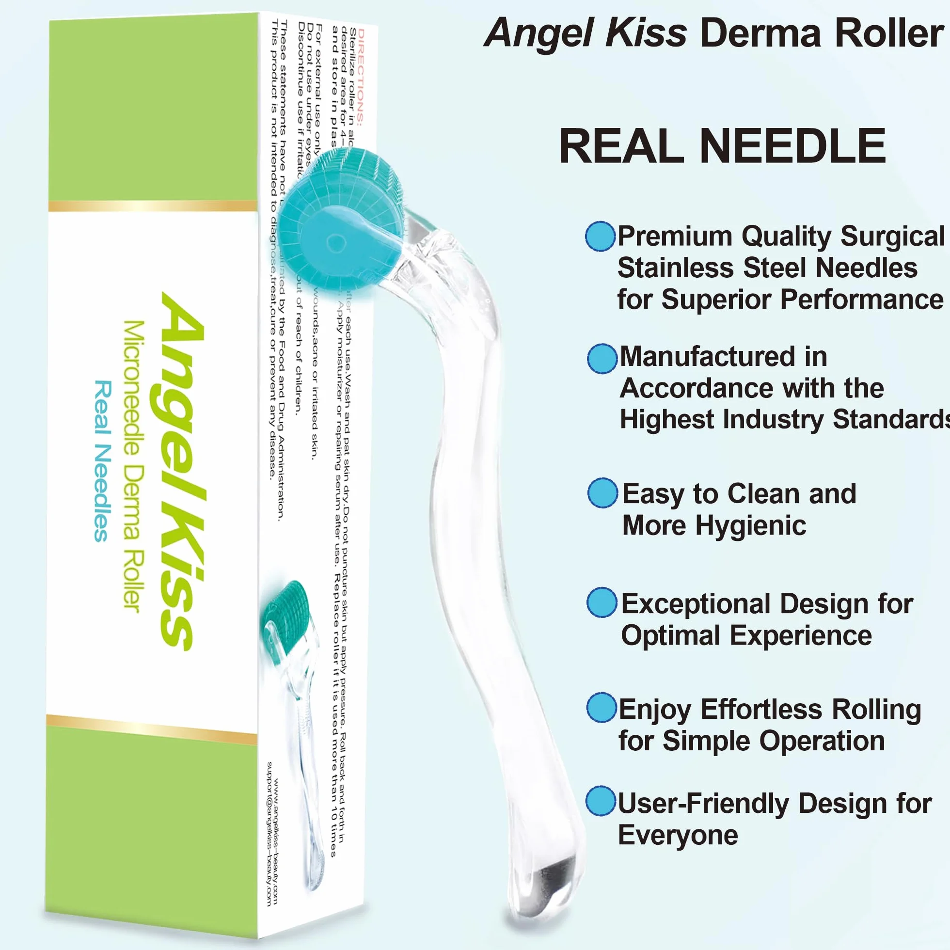 Angel Kiss Derma Roller 1,0 mm, prawdziwe igły - 192 pojedyncze igły ze stali nierdzewnej, wałek do mikroneedlingu do twarzy, ciała, brody, skóry włosowej i pielęgnacji skóry