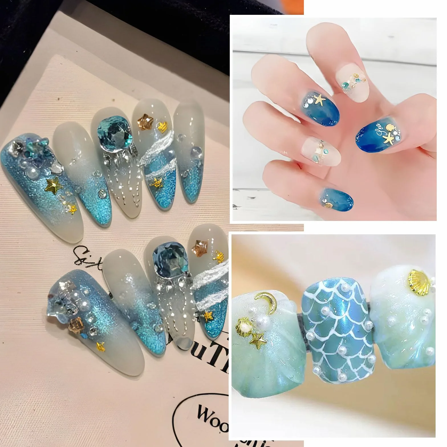 Dreamil Zawieszka do paznokci z motywem oceanu, złote zawieszki do paznokci, złote zawieszki 3D, do samodzielnego zdobienia paznokci, manicure na wesela, imprezy plażowe.