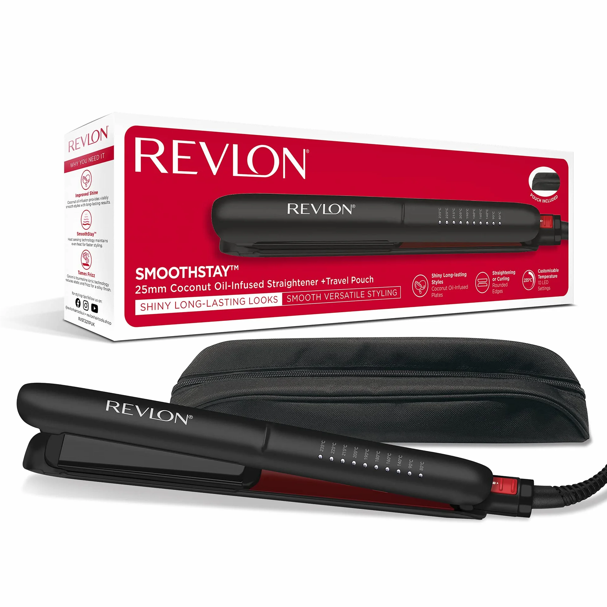 Revlon Smoothstay Hair Straightener 25mm Triple-Coated Ceramic Plates Floating Plates Customizable Temperature 235°C Travel Pouch