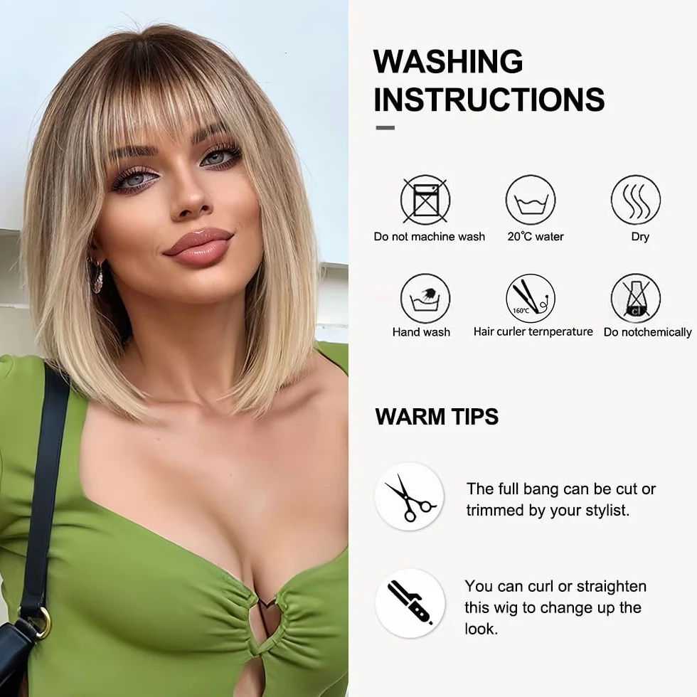 Ombre blond peruka damska krótka bob, prosta peruka syntetyczna dla kobiet, 100% japońskie włókna Kanekalon, na co dzień, imprezę, Halloween