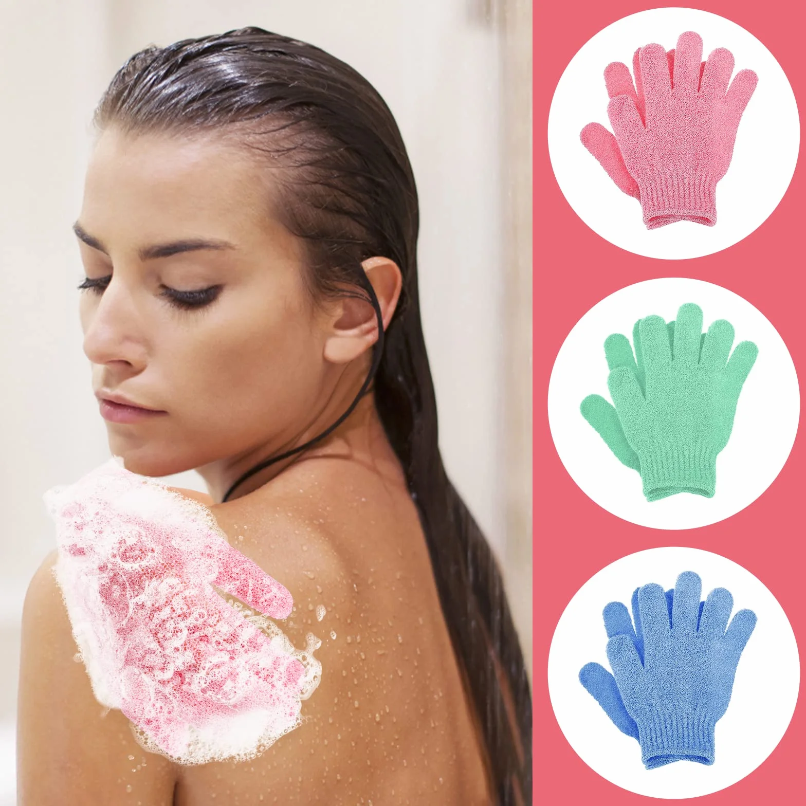 Sibba Rękawice złuszczające, bambusowe, do peelingu, do ciała, złuszczające, do prysznica, spa, masażu i usuwania martwych komórek naskórka, luffa, 6 szt. (zielone, niebieskie, różowe)