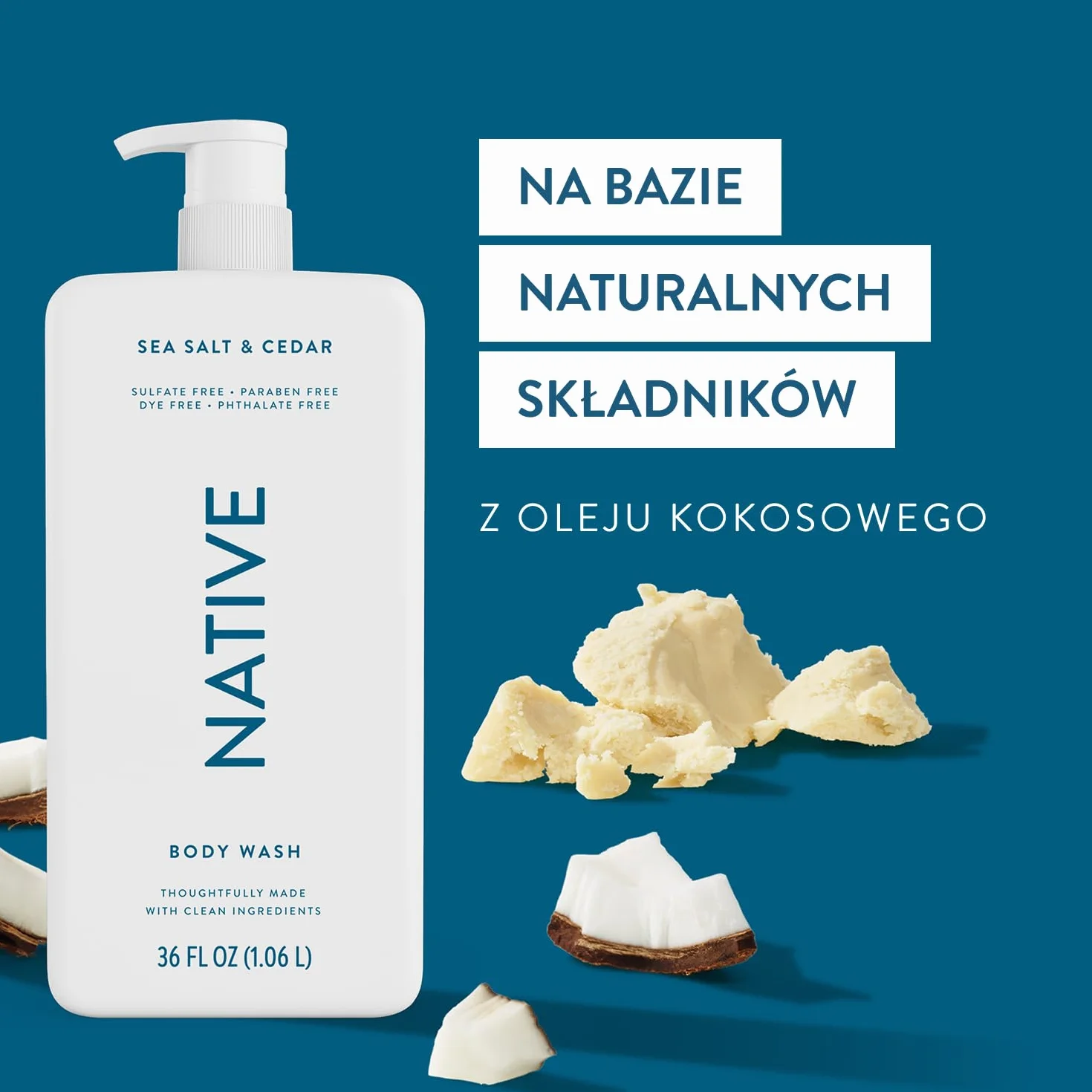 Native Żel pod prysznic i płyn do mycia ciała dla kobiet i mężczyzn, bez siarczanów i barwników, mydło do ciała o zapachu soli i cedru, delikatnie oczyszcza składnikami roślinnymi (1000 ml)