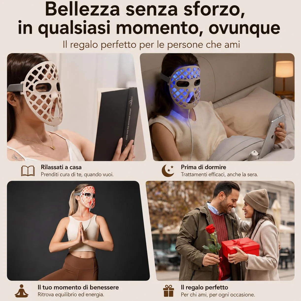 Skeen Mask Maska LED z płynnego silikonu do twarzy, 4 kolory (czerwony, podczerwień, niebieski, żółty) – 54 diody LED o wysokiej intensywności, przeciwstarzeniowe, fotobiostymulacja, wodoodporna (IP68