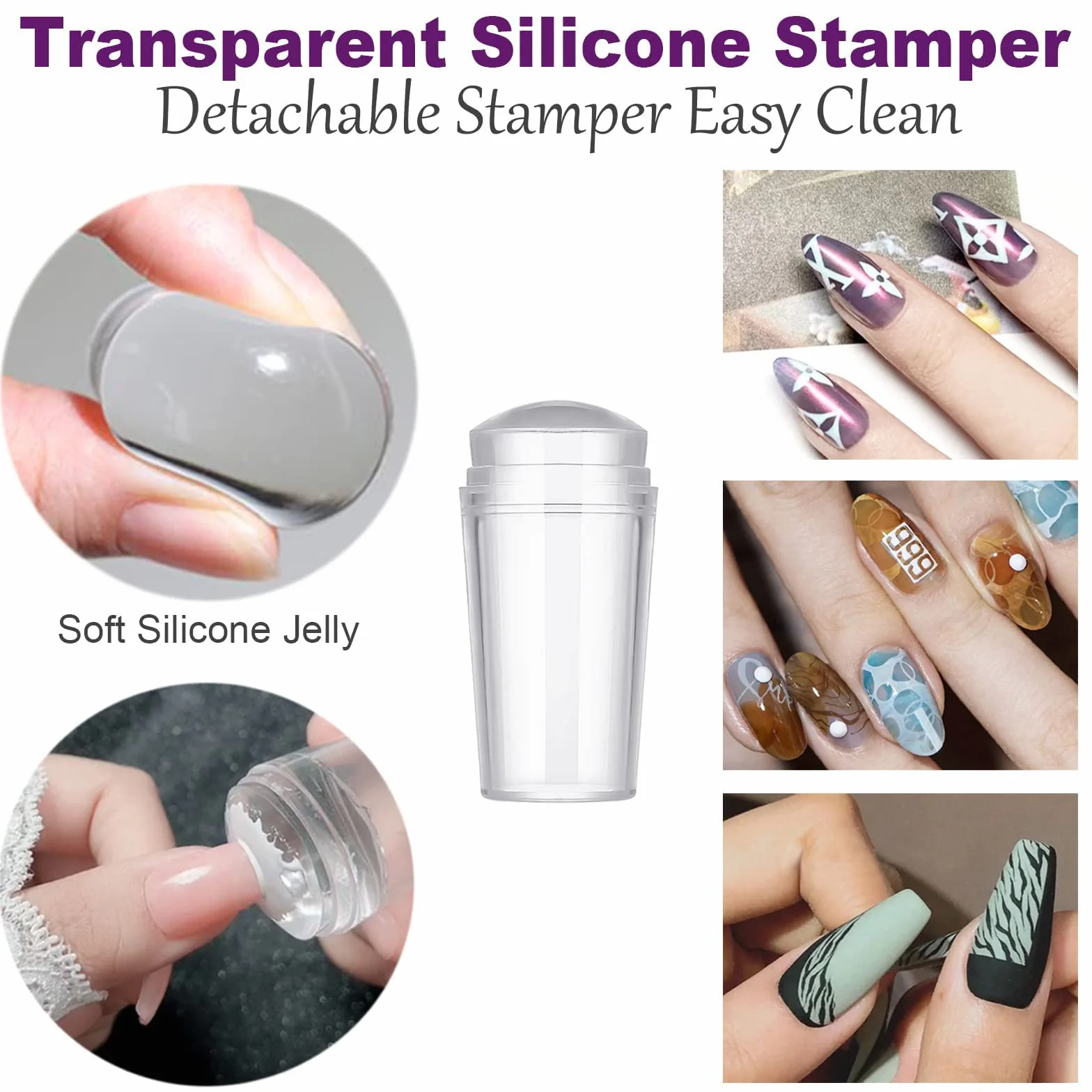 Stamper do paznokci Nail Art Brush – French Tip Stamp do paznokci Clear Nail Art Stamper Jelly with Scraper, 3 szt. Double Ended Nail Pen Brushes, Soft Silicone Stamper Printer DIY