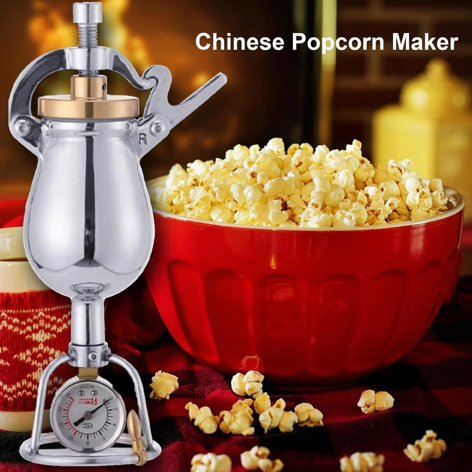 Armata do popcornu, tradycyjna chińska maszynka do popcornu, mały ręczny przyrząd do robienia popcornu ze stali nierdzewnej 304, z ciśnieniomierzem, na imprezę na spotkaniach rodzinnych (300 ml)