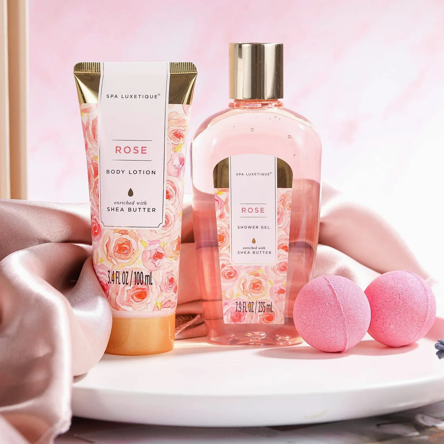 SPA LUXETIQUE Zestaw upominkowy dla kobiet –8 sztuk Róża zestawy do kąpieli z żel pod prysznic, płyn do kąpieli sól do kąpieli, Zestaw spa, Prezenty urodzinowe dla kobiet, Prezenty Świąteczne