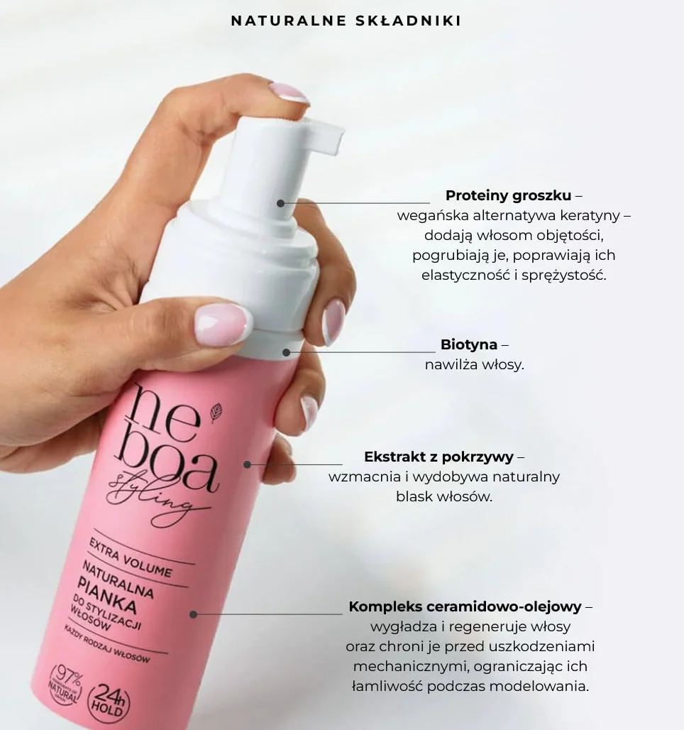 Neboa Styling Naturalna Pianka do Włosów, Extra Volume, 24h Hold, 97% Składników Naturalnych 200 ml