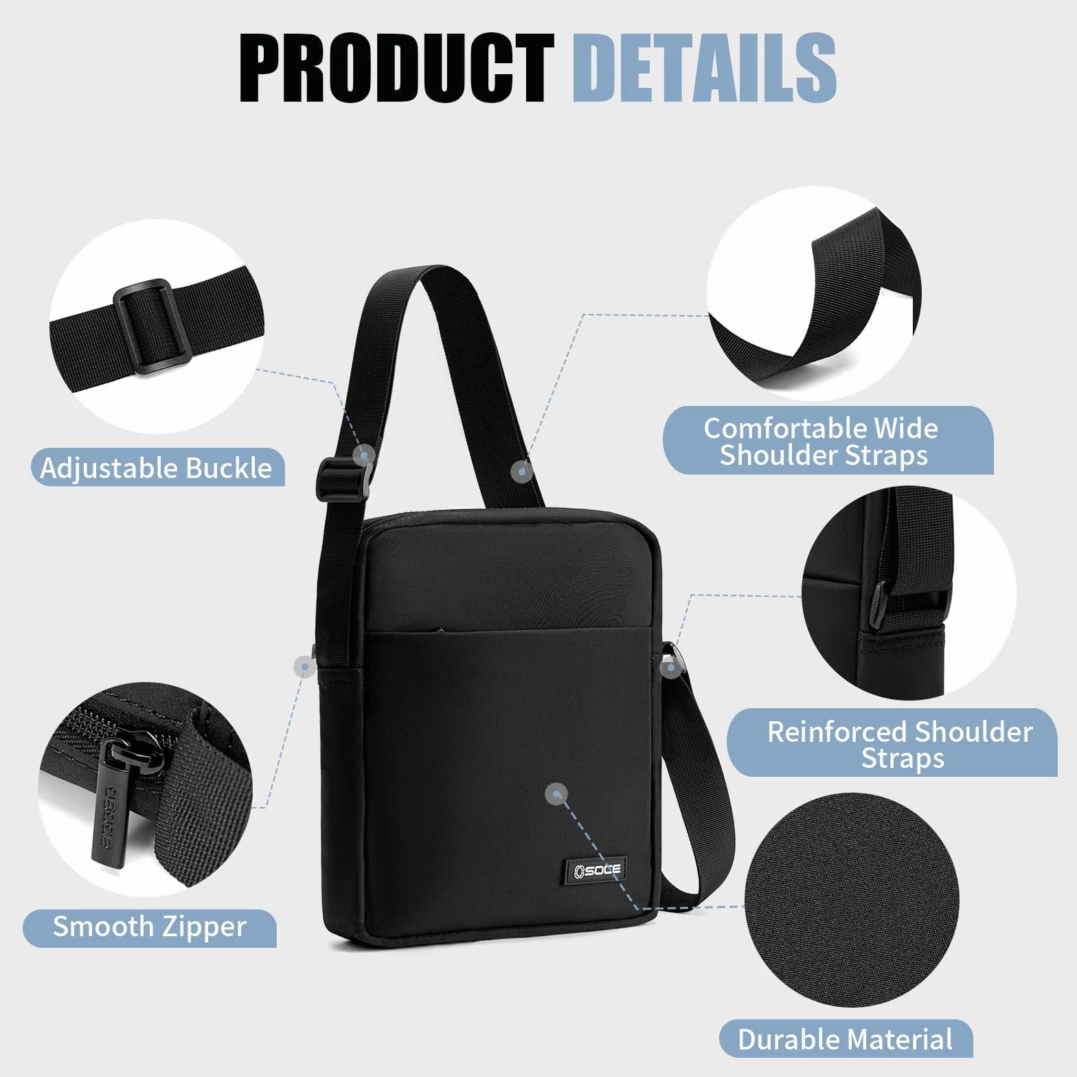 OSOCE Męska torba na ramię, torba kurierska, podróżna, biznesowa, wodoodporna, crossbody, torba na klatkę piersiową, torba na ramię, boczna torba na telefon, torebka na co dzień z regulowanym paskiem,