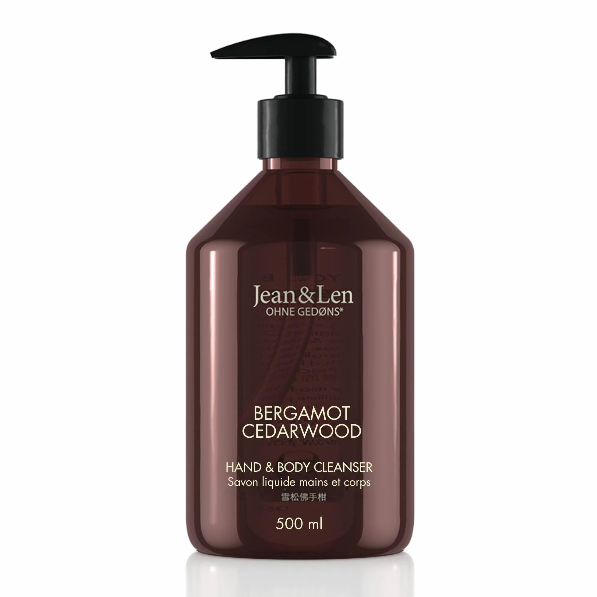 Jean & Len Hand & Body Cleanser Bergamot & Cedrwood, dla pachnącego doznania czyszczenia, mydło do ciała i rąk w wysokiej jakości butelce, orzeźwiający śródziemnomorski zapach, wegańskie, 500 ml