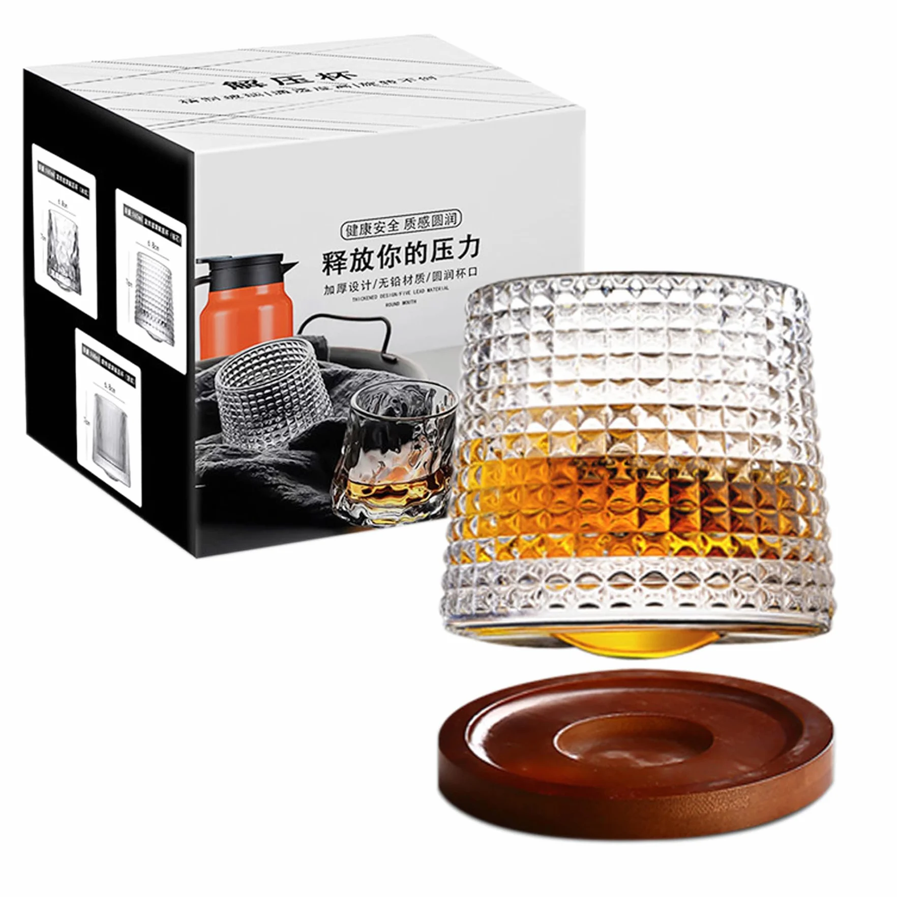 Obrotowe szklanki do whiskey, szklanki do whisky z podkładkami, staromodne szklanki do degustacji Scotch, Bourbon i koktajli, prezenty dla mężczyzn na urodziny, 160 ml, 1 zestaw