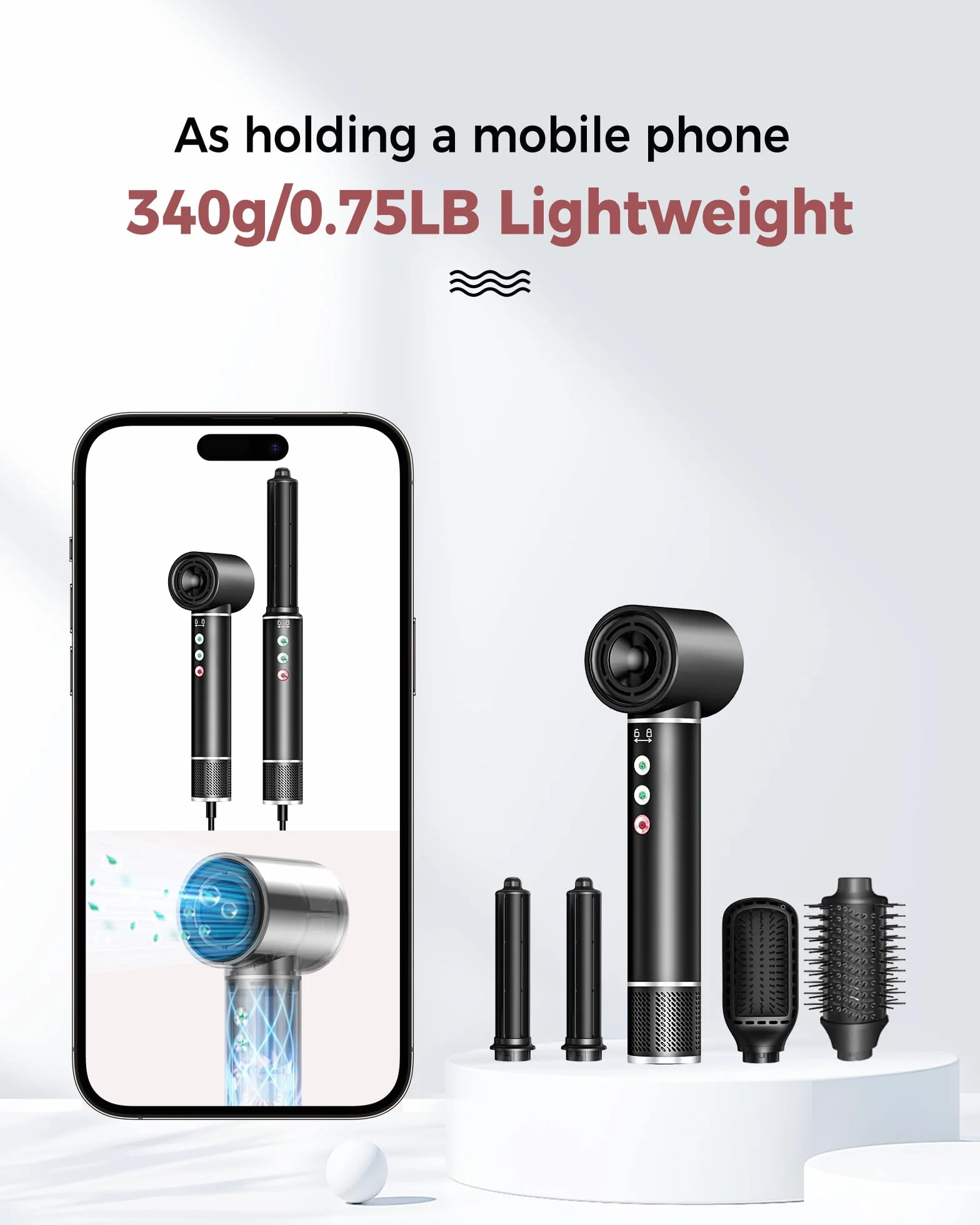 Airstyler Hairstyler 5 w 1 Lokówka z suszarką do włosów, 110 000 obr./min, strumień powietrza 20 m/s, 320 milionów jonów, prostownica, 340 g, lekka, cicha i szybkoschnąca
