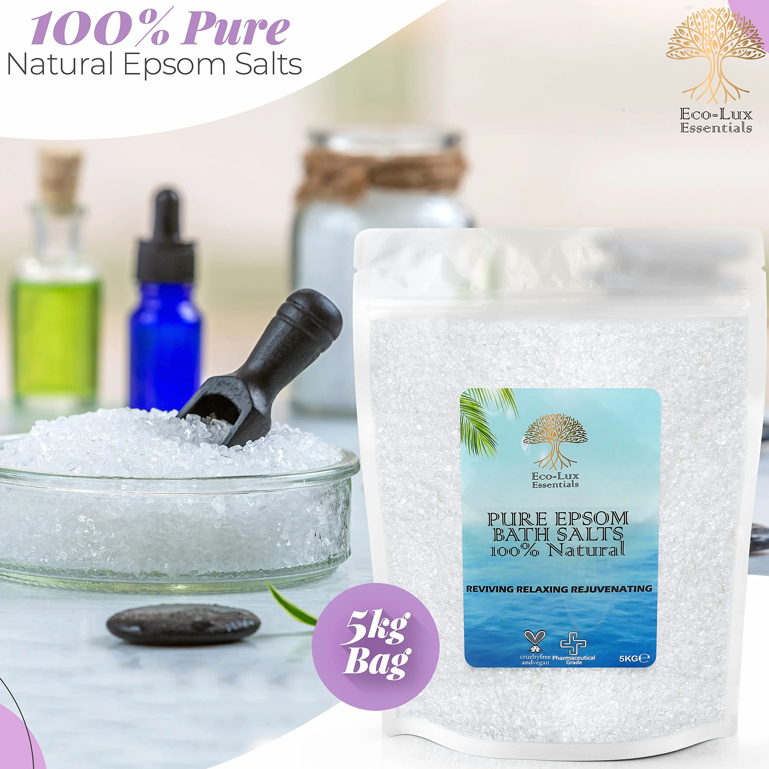 Eco Lux UK 5KG sole Epsom premium, 100% czyste, naturalne (spożywcze), siarczan magnezu, do kąpieli, łagodzące bóle mięśni, odmładzanie, relaks, wspomaga sen, terapię uspokajającą (5 kg)