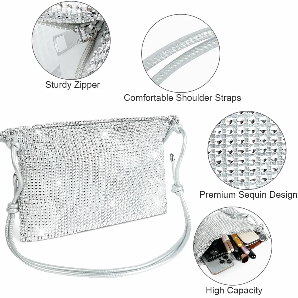 Torba crossbody z kryształem górskim srebrna kopertówka stras wieczorowa