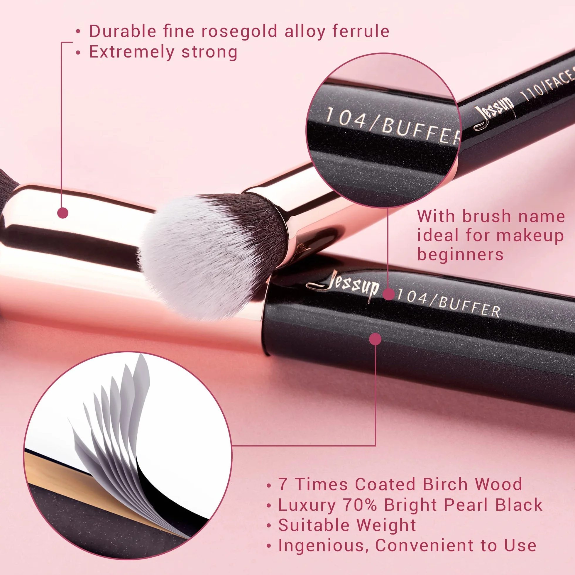 Jessup pędzle do makijażu 25 sztuk Zestaw Profesjonalny zestaw Beauty Cosmetic Foundation Powder Rumieniec Pomadka Naturalne syntetyczne szczotki do włosów czarny/różowe złoto T155