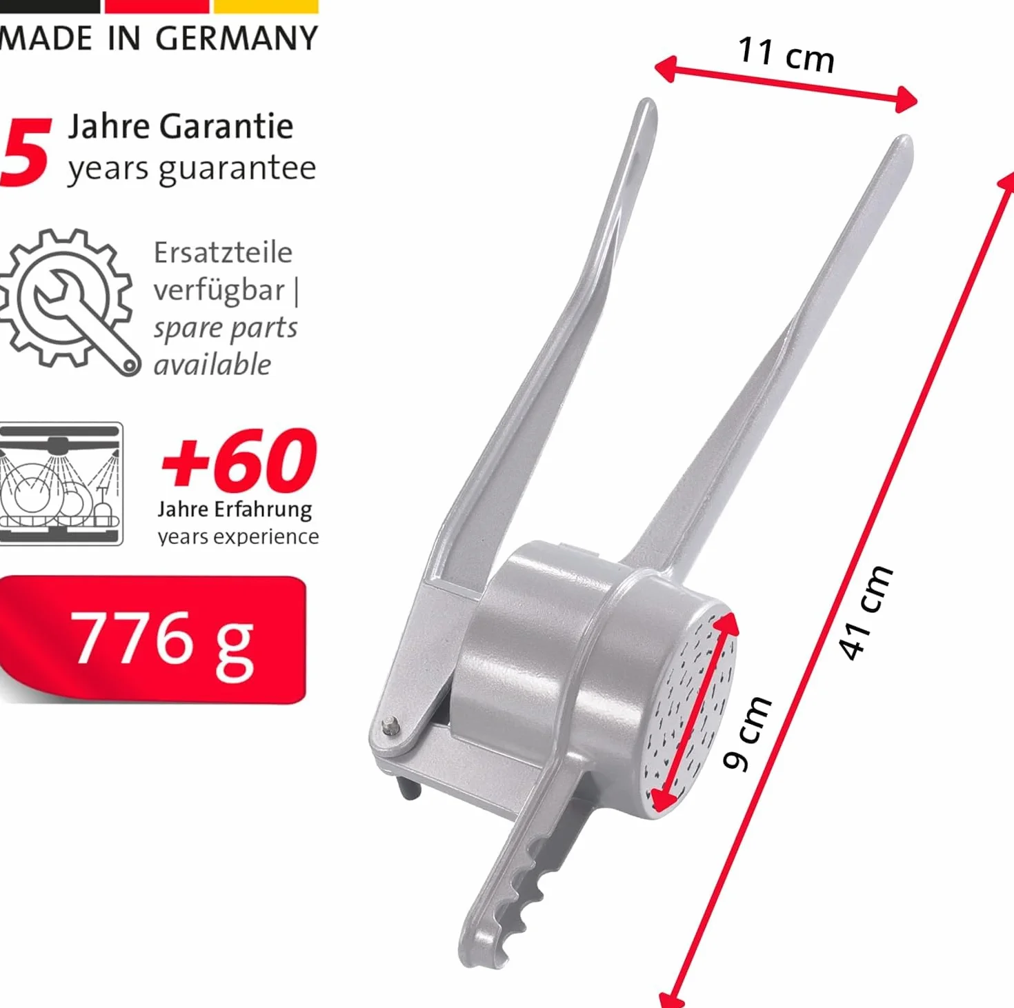 Westmark Prasa do ziemniaków i makaronu, Specjalne oczka do wyrobu domowego makaronu, Odlew aluminiowy, Długość: 41 cm, Spätzlepress, Srebrna, 61202260