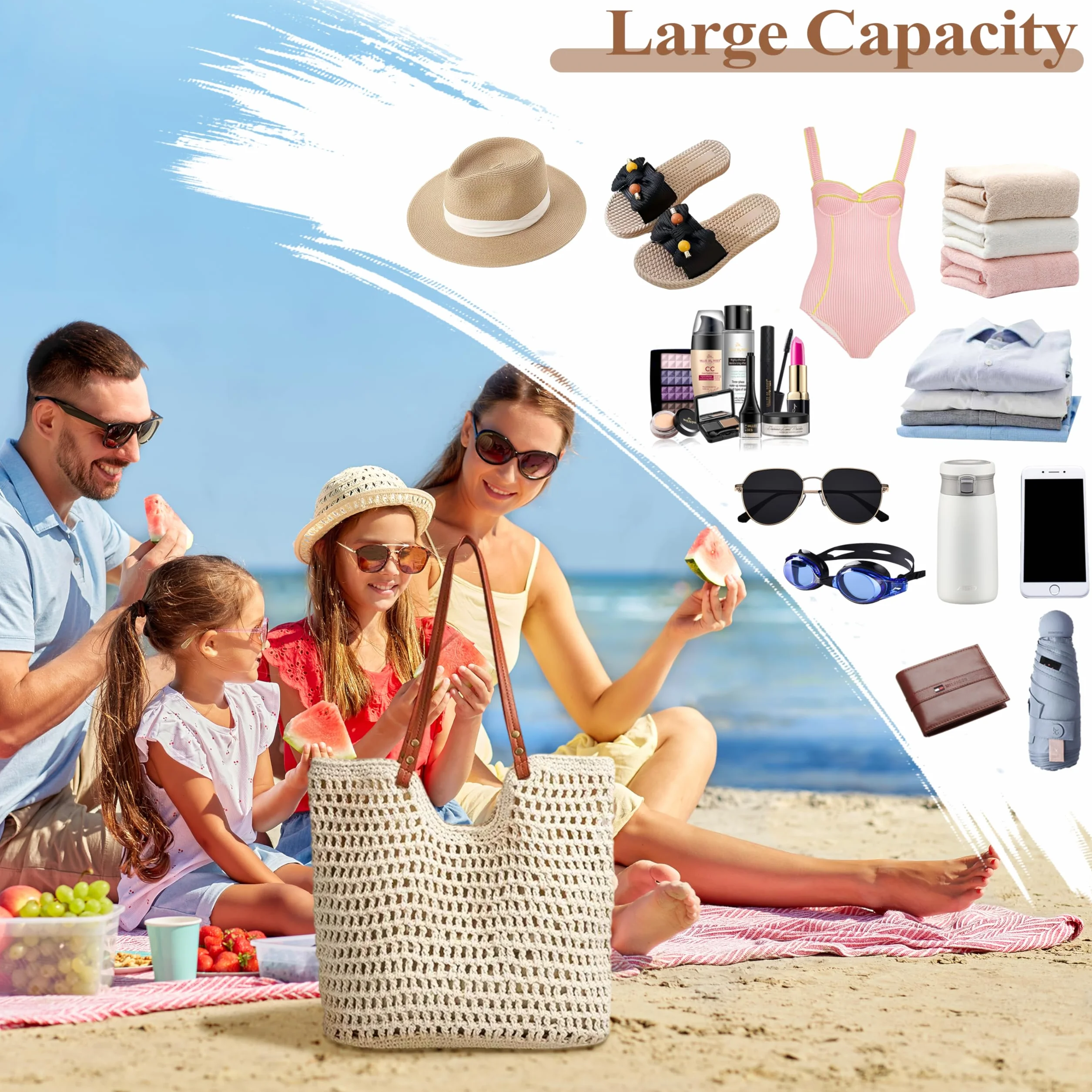 Damska dzianinowa torba na ramię - Boho Sea Bag na plażę, wakacje i zakupy, plecione torby tote hobo, torba plażowa