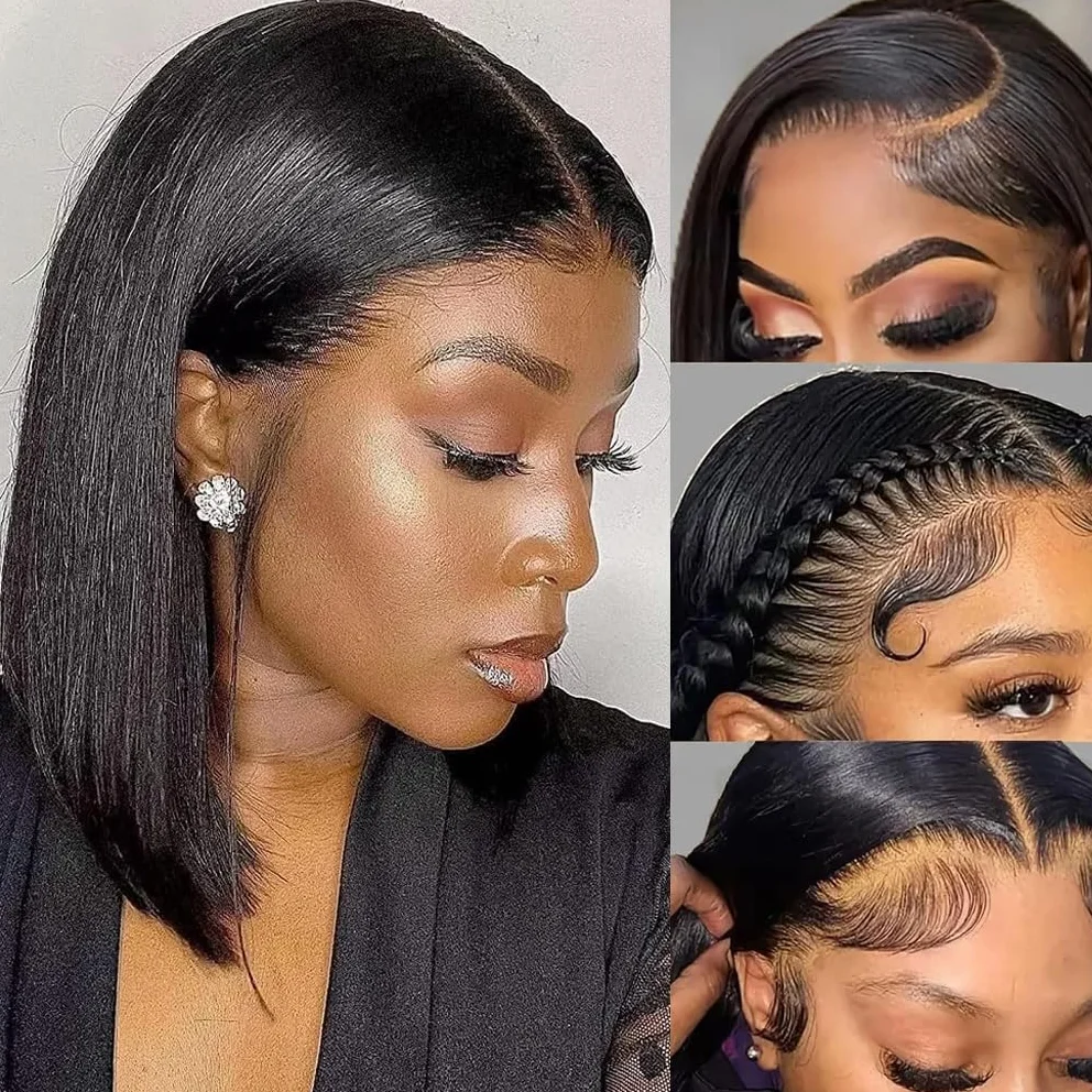 Peruka brazylijska włosy ludzkie 4x4 Lace Front Human Hair Wigs Straight Human Hair Bob Lace Front Wigs Brazilian Wig 180% Density Short Bob Wig for Black Women Natural Colour (8 inch)