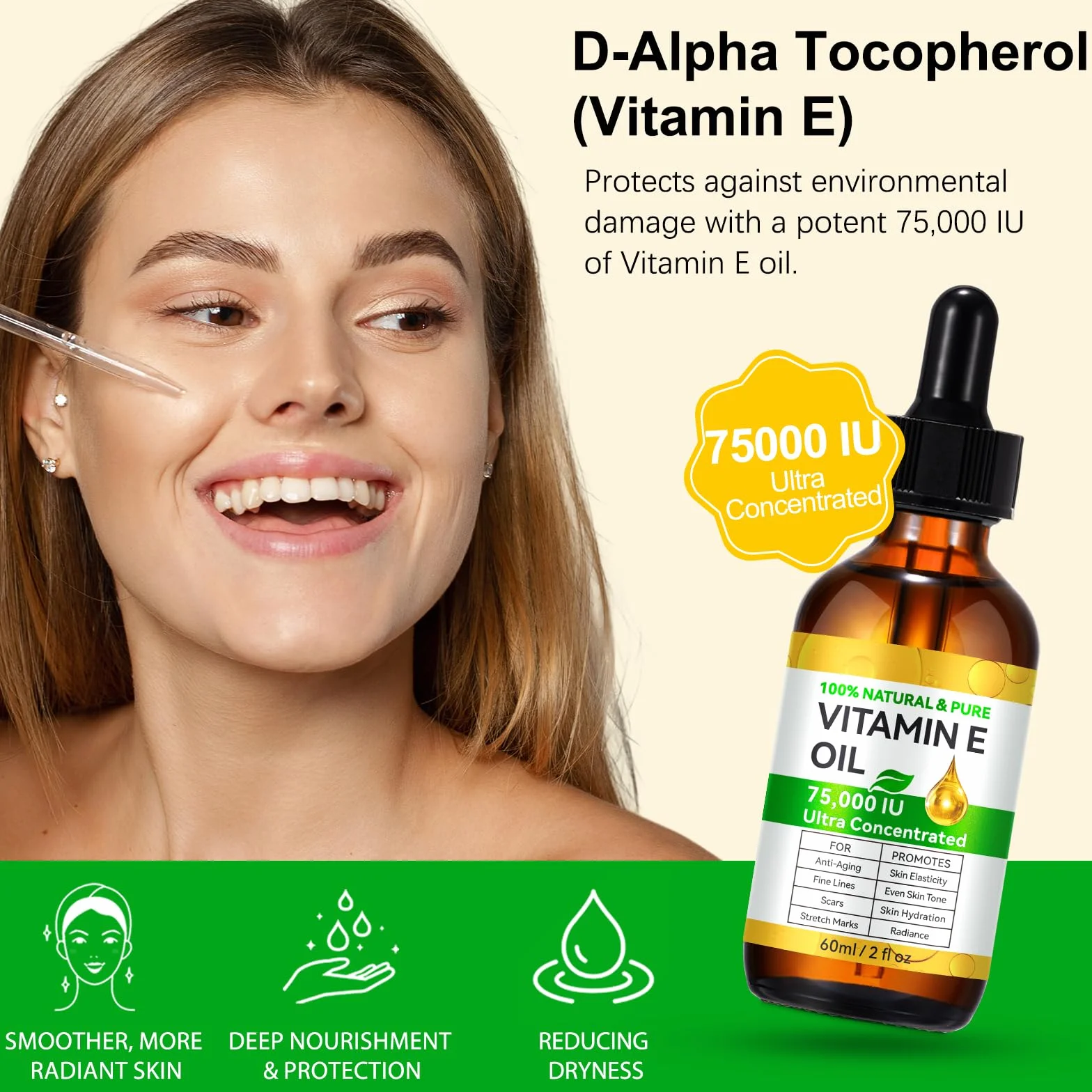 Czysty olejek z witaminą E do skóry i włosów 100% naturalny 75 000 IU 2 Fl Oz nawilża naprawia chroni nietłusty tłoczony na zimno