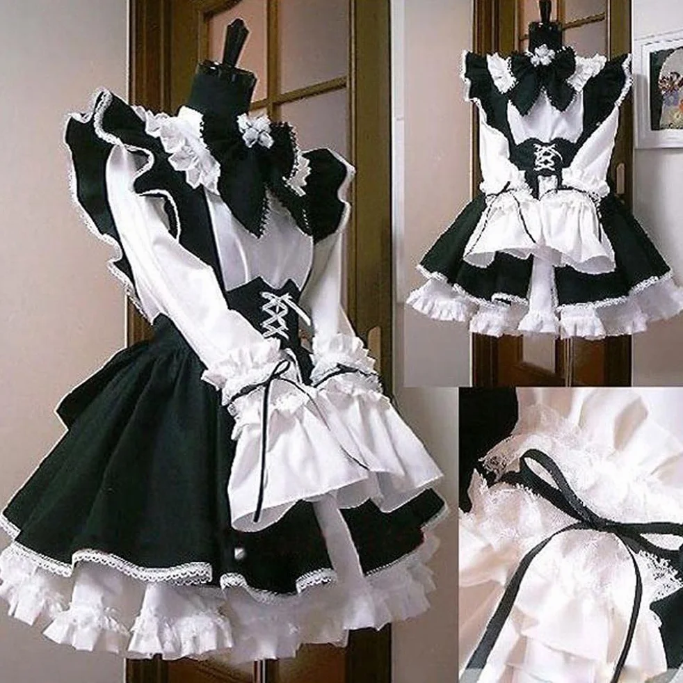 Damski strój pokojówki anime długa sukienka czarno-biały fartuch sukienka cosplay kostium na cztery pory roku