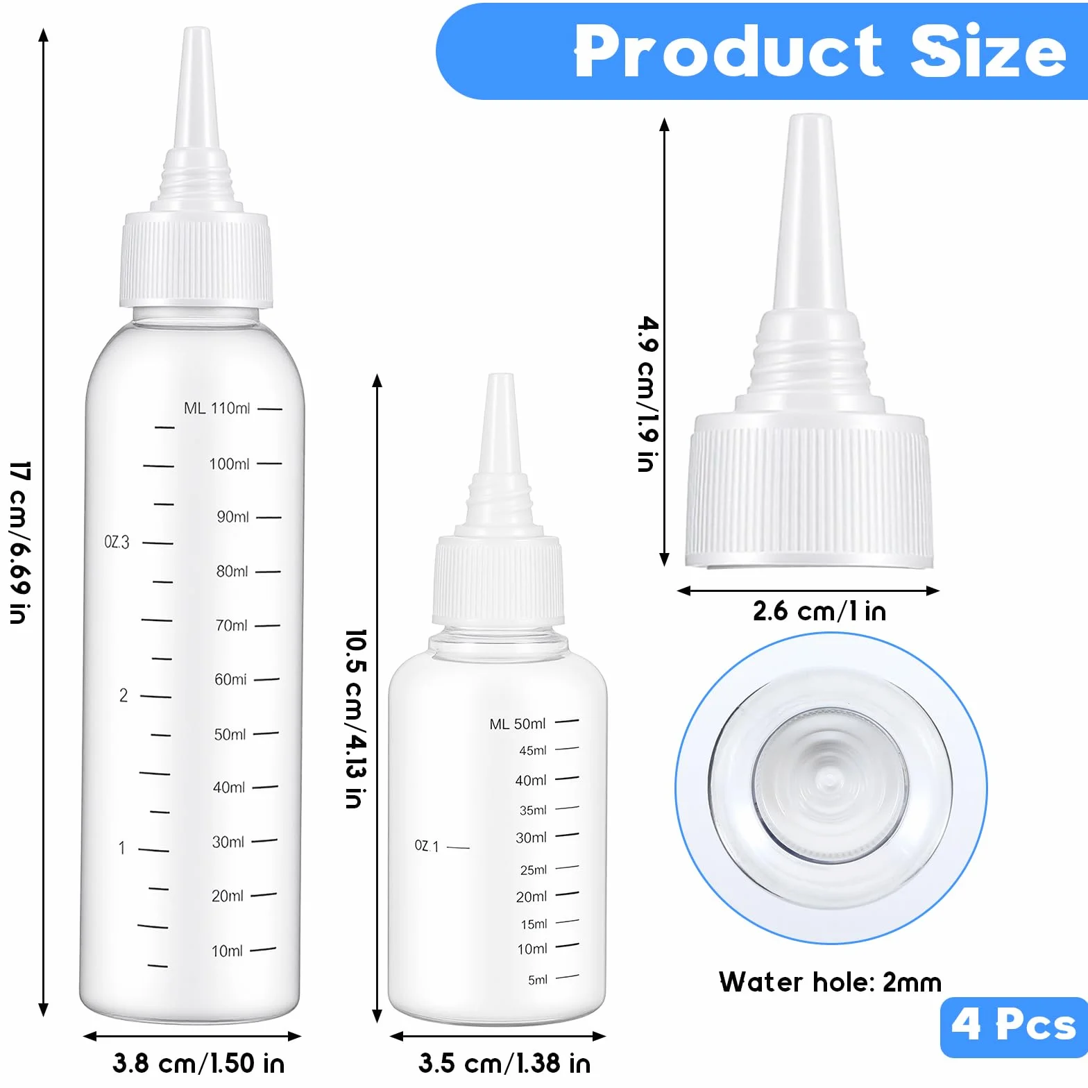 4 sztuki buteleczka aplikatora do włosów, squeezie z aplikatorem do olejku do włosów, 110 ml & 50 ml buteleczka aplikatora z skalą, aplikator do olejku do włosów do farbowania skóry głowy i