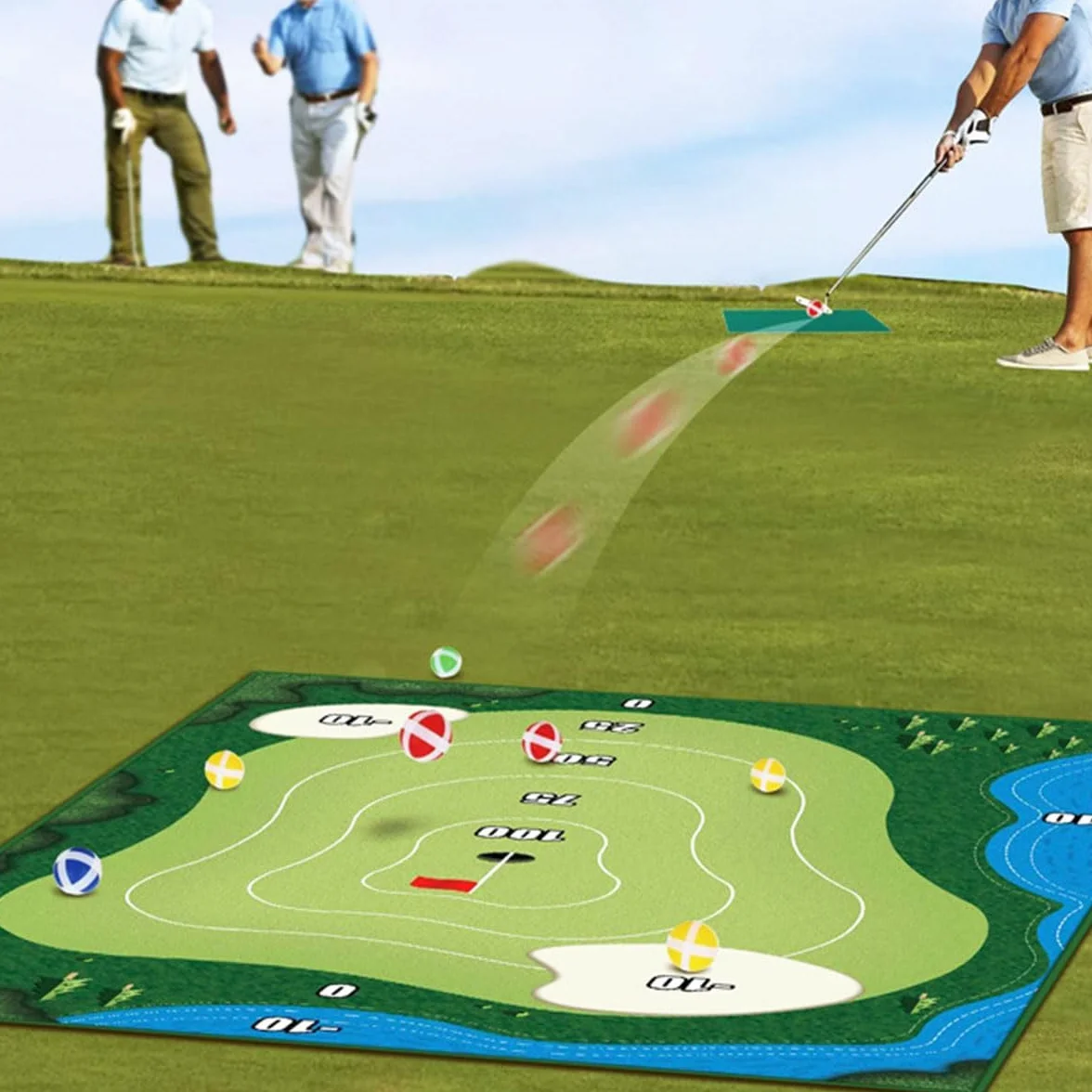 Namvo Zestaw do gry Full Swing Sports, Golf Chip Off Challenge i Stick, gra w golfa Battle Royale z matą do żetonów golfowych klasy premium, lepkimi piłkami – gra w pomieszczeniach i na zewnątrz