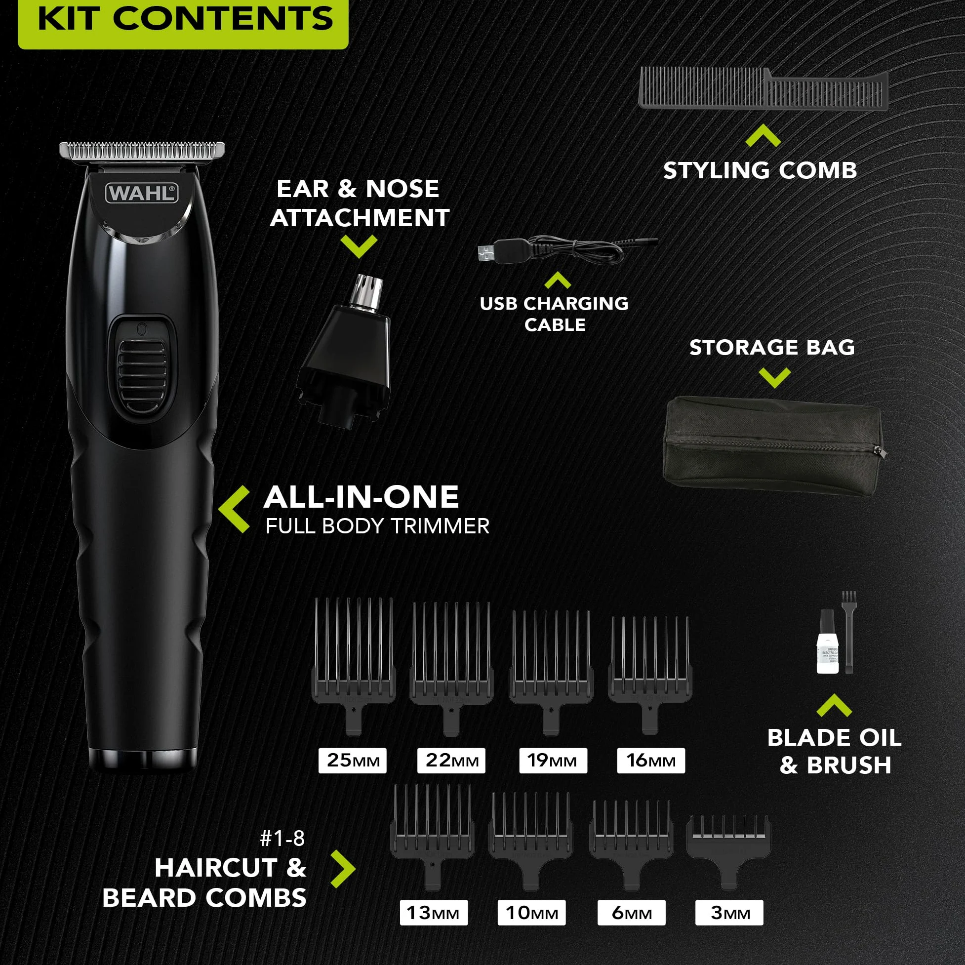 WAHL All in One Trimmer, Pielęgnacja Włosów, Brody, Uszu, Nosa i Ciała, Mocny Akumulator Litowy, 0,5-25 mm, 210 minut
