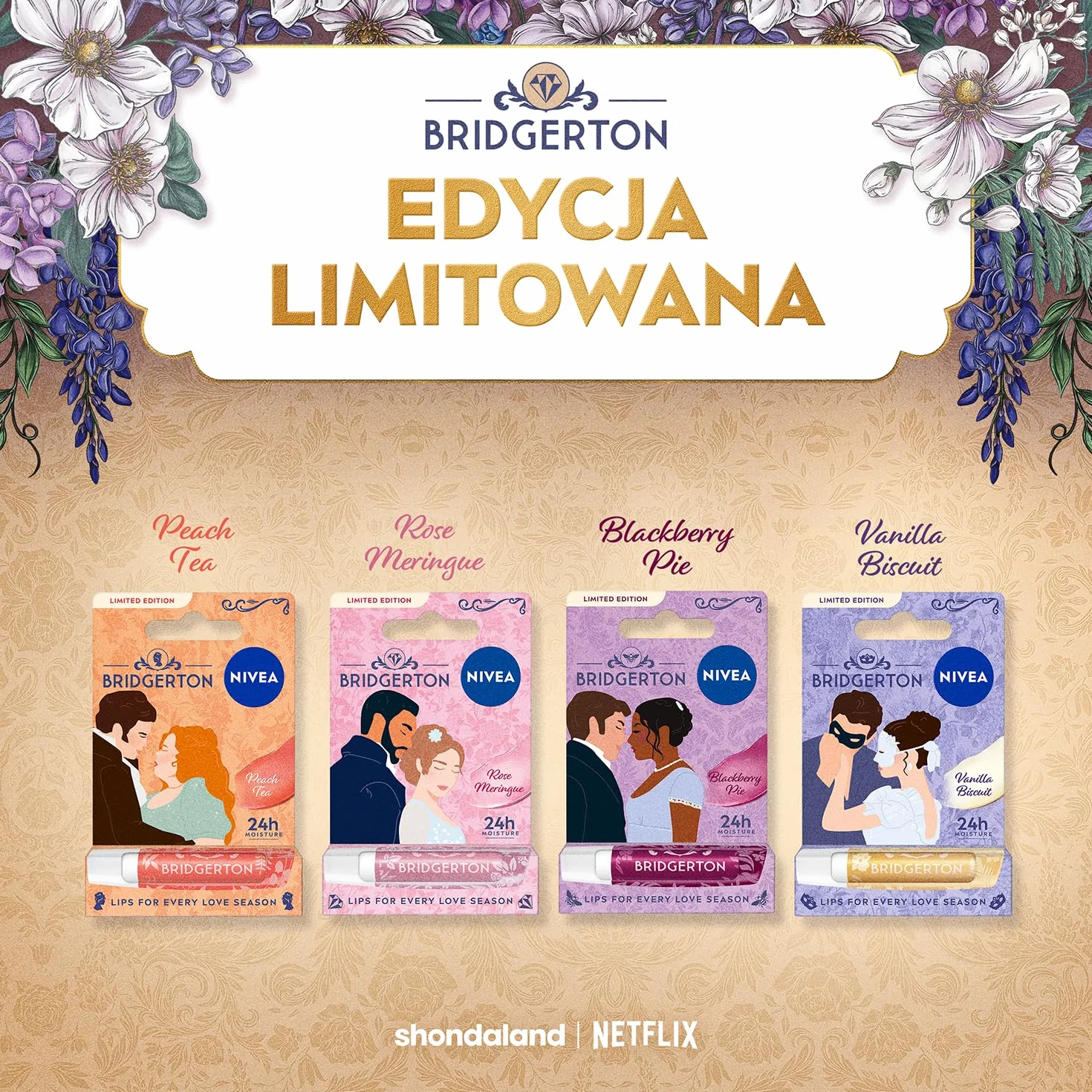 NIVEA Bridgerton Edition Pielęgnująca pomadka do ust Peach Tea Penelope & Colin 4,8g