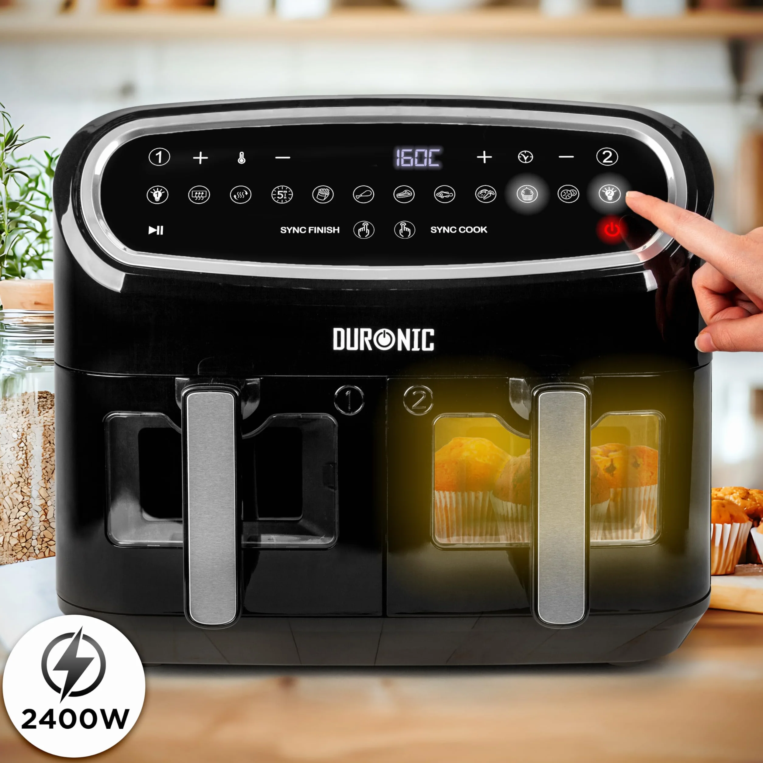 Duronic AF34 BK Frytkownica beztłuszczowa na gorące powietrze | Air fryer XXL z AFD1 duża komora 10l i 2x po 5l dwukomorowa wielofunkcyjna | dual