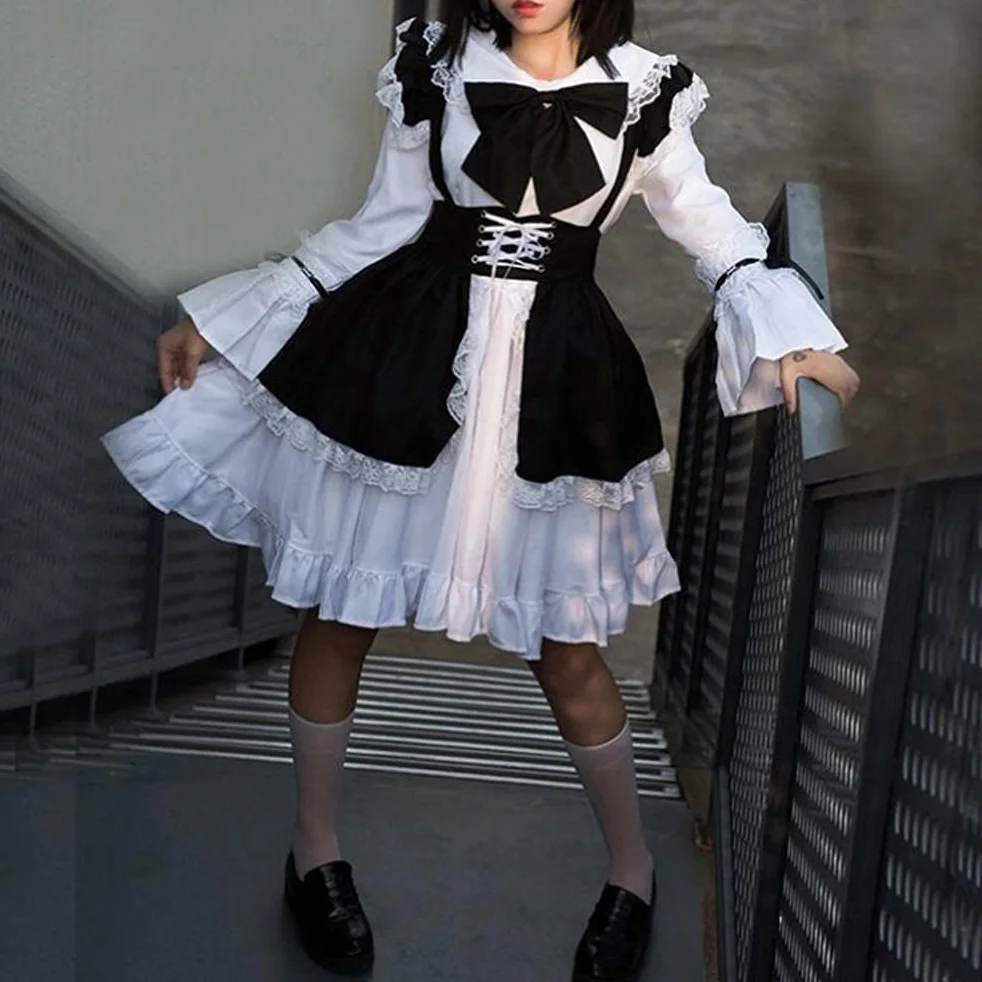 Damski strój pokojówki anime długa sukienka czarno-biały fartuch sukienka cosplay kostium na cztery pory roku