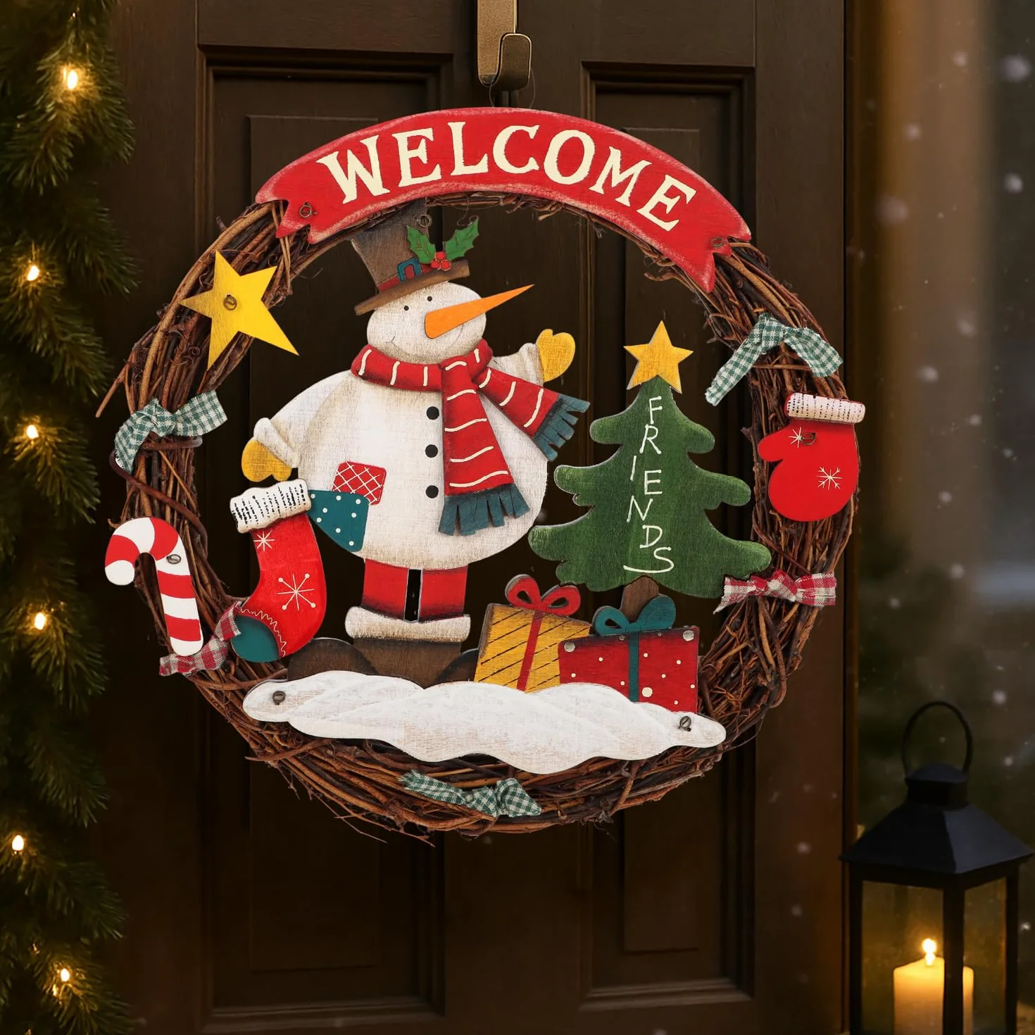 COM-FOUR® Wieniec Świąteczny Pleciony 'WELCOME' na Boże Narodzenie - Dekoracja do Powieszenia na Drzwi - Drewniany, ok. Ø 31 cm (Bałwan - L)