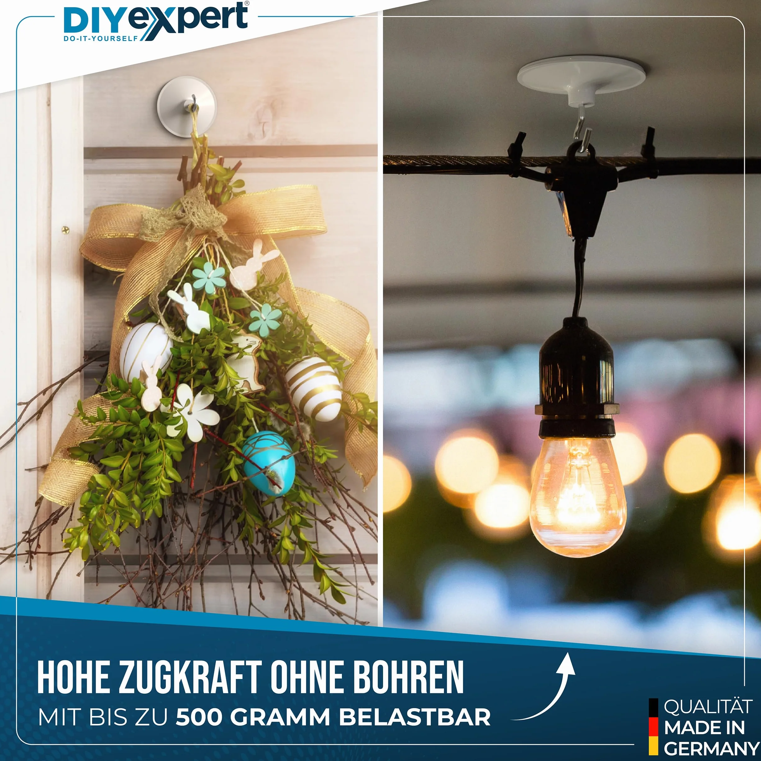 DIYexpert haki sufitowe samoprzylepne | wykonane w Niemczech | [z uchwytami] [4 sztuki] | bardzo mocne klejone haki sufitowe | wieszaki ścienne bez wiercenia