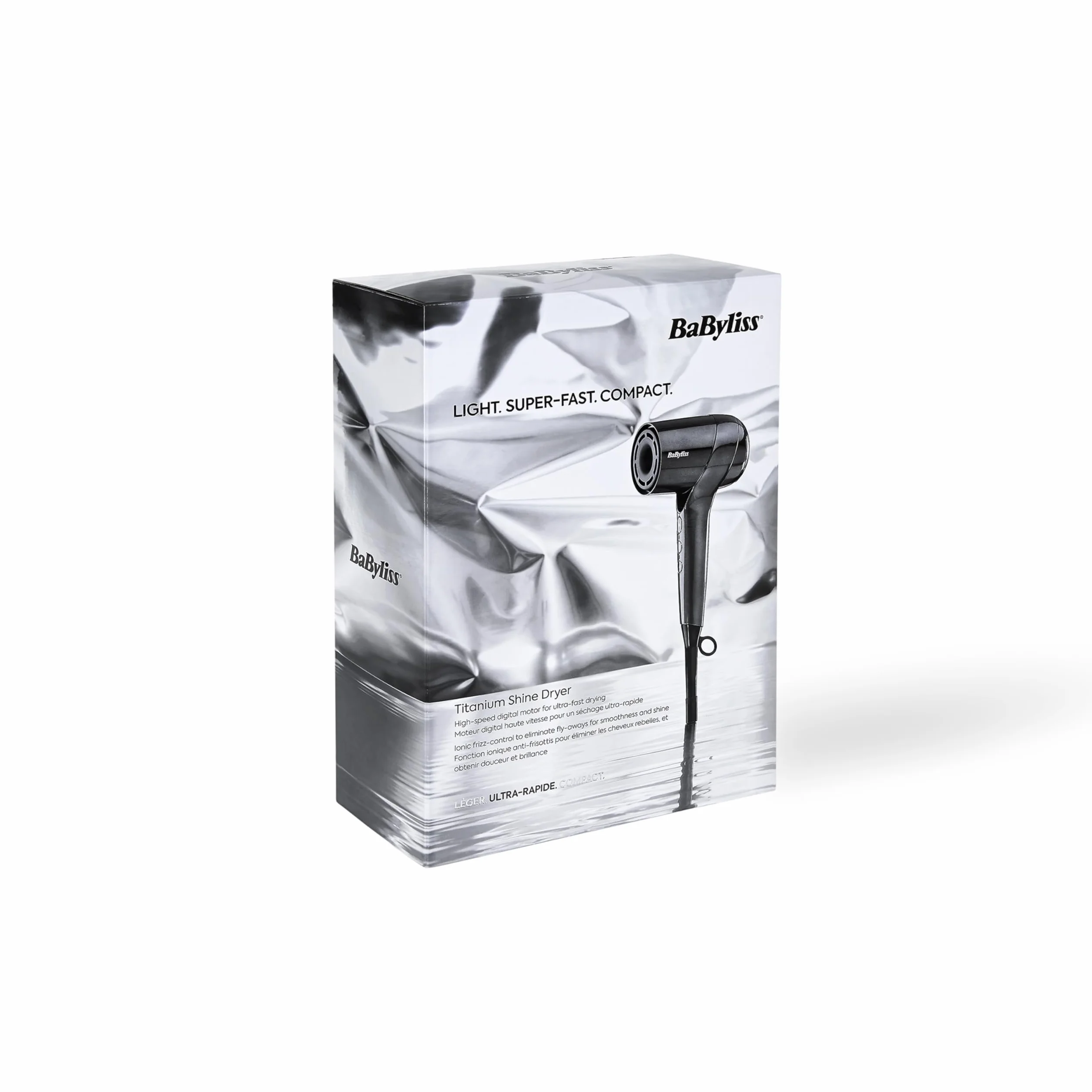 Suszarka do włosów BaByliss Titanium Shine – mocna i kompaktowa, ergonomiczna suszarka, jonizacja przeciw puszeniu, 3 ustawienia temperatury i 3 prędkości, kolor srebrny, model D6200DE
