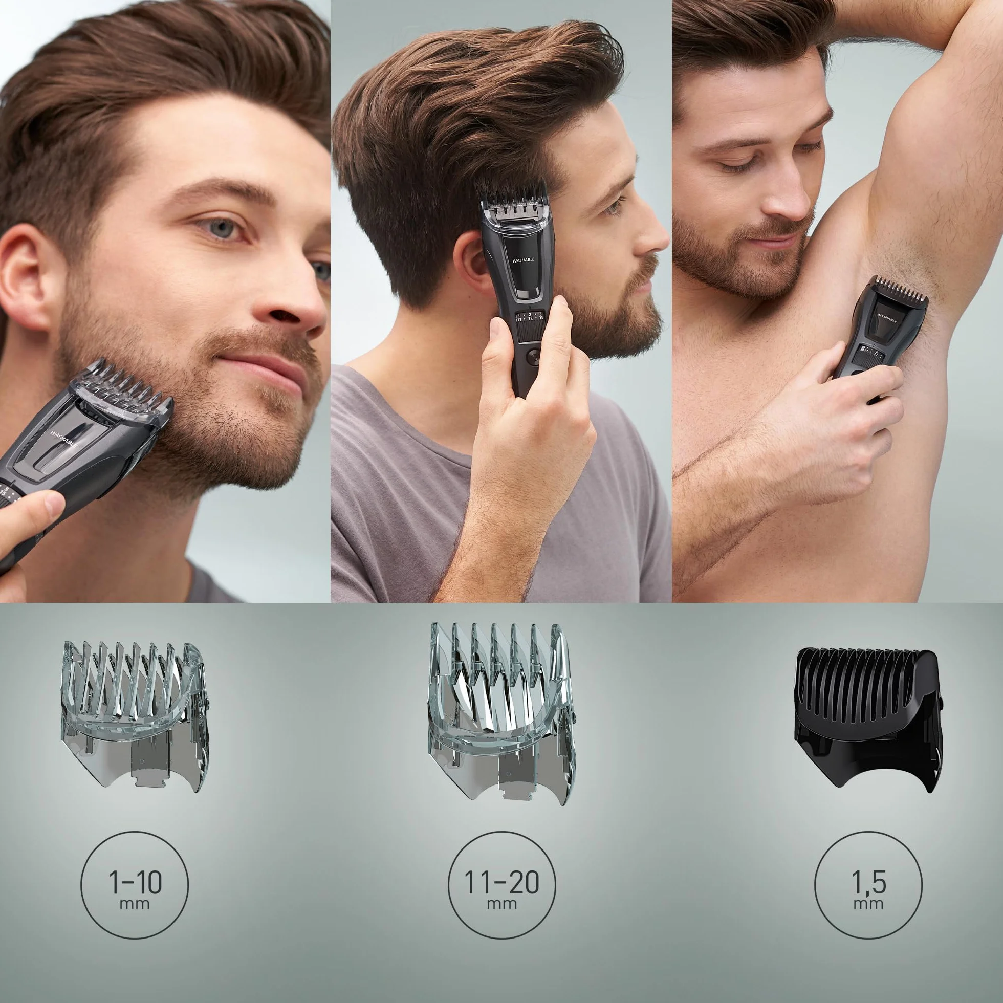 Panasonic ER-GB62 trymer do brody, włosów i ciała (39 ustawień długości, 3 nasadki grzebieniowe, 50 minut pracy, Japanese Blade Tech), szary