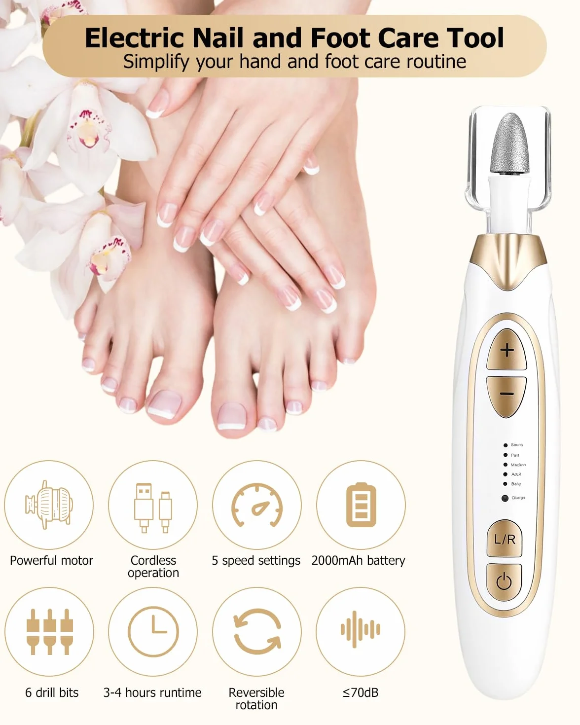 Elektryczny Frezarka do Paznokci, Profesjonalny zestaw do manicure i pedicure, Wyposażony w 9 wierteł do paznokci, 5-stopniową regulację prędkości, z pojemnikiem do przechowywania