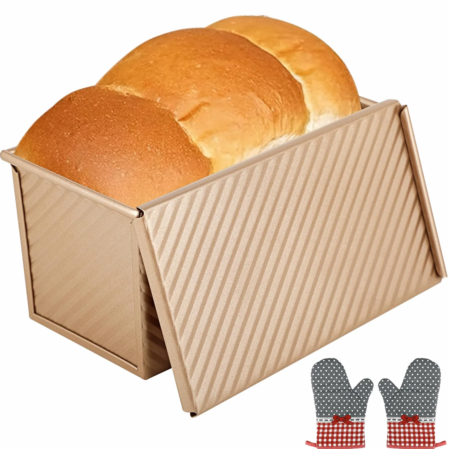 Windfromort Forma na chleb w pudełku - Aluminiowe pudełko na chleb Nieprzywierająca forma do pieczenia chleba z pokrywką i 2 izolowanymi rękawicami - do tostów, piekarni, ciast (złoty)