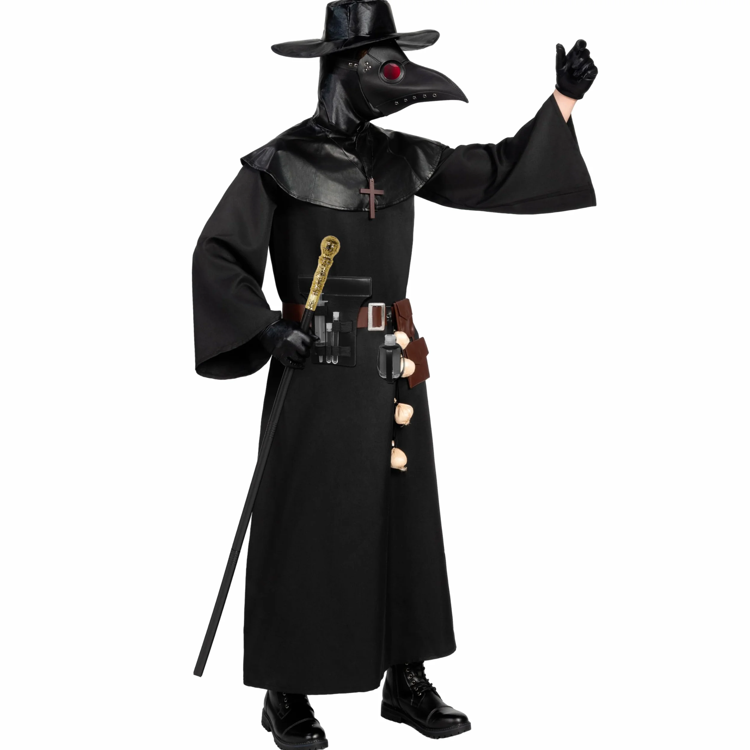 Spooktacular Creations Męski czarny kostium lekarza zarazy z kapeluszem, maską, szalem, szatą, rękawiczkami, paskiem, czosnkiem, berłem