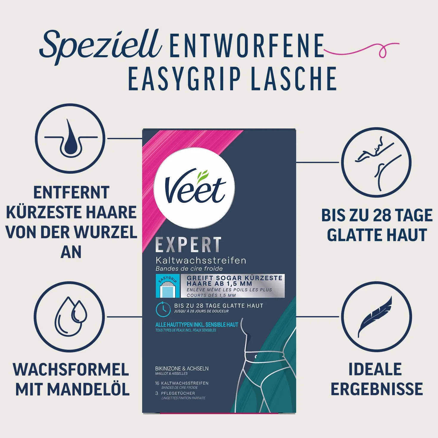Veet Expert paski woskowe na zimno strefy bikini i pachy – paski woskowe do usuwania włosów do wszystkich rodzajów skóry, w tym skóry wrażliwej – 8 podwójnych pasków = 16 pasków