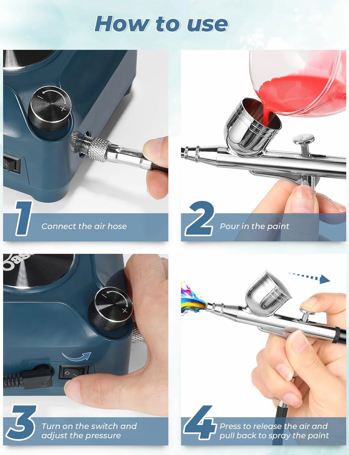 Oasser Zestaw Aerograf ze sprężarką Aerograf Dual Action 36 PSI dysza 0,2 0,3 0,5 mm do paznokci, malowania, modelarstwa, tatuażu, makijażu, ciast, niebieski