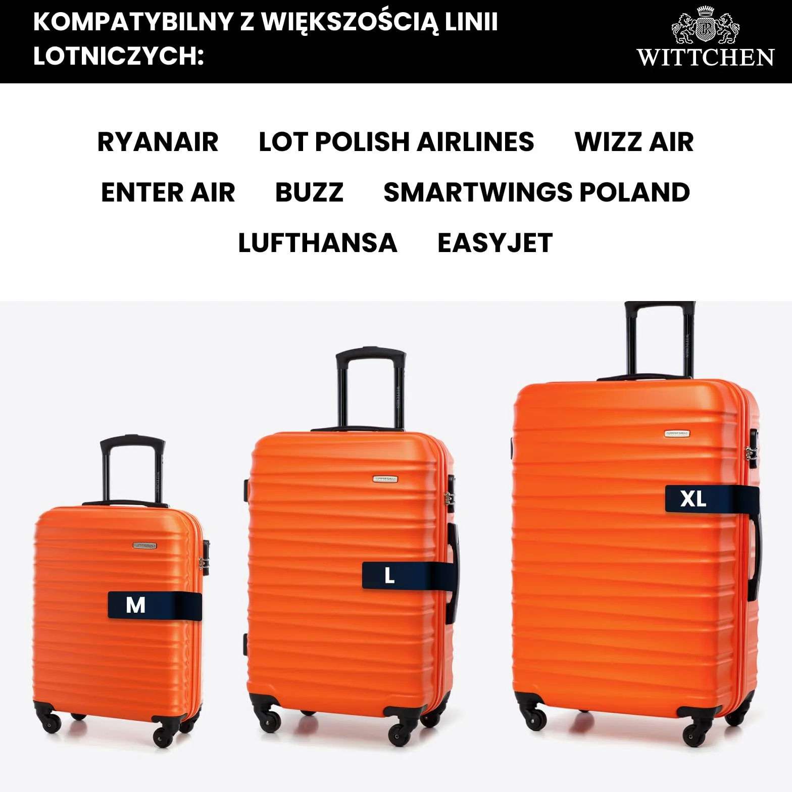 WITTCHEN GROOVE Line Średnia walizka Lekki bagaż Walizka podróżna Twardy bagaż ABS Zamek szyfrowy Teleskopowa rączka 4 obrotowe kółka Rozmiar M Pomarańczowy
