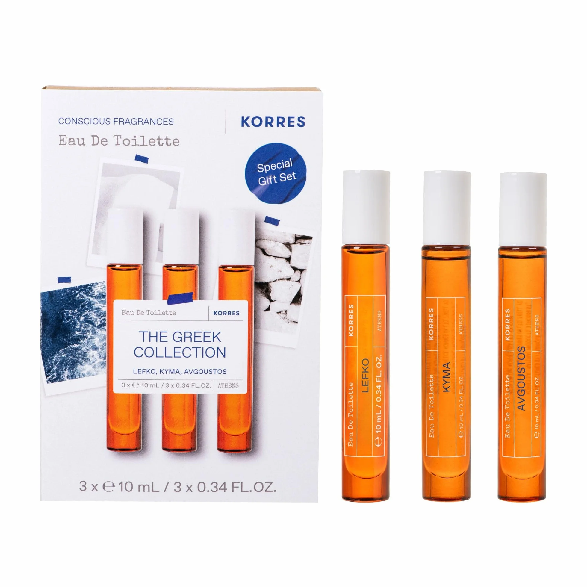 KORRES GREEK SCENTS Eau de Toilettes zestaw podróżny, uniseks, grecki zestaw zapachowy z Kyma, Lefko i Avgoustos, rozmiar podróżny, wegański, 3 x 10 ml