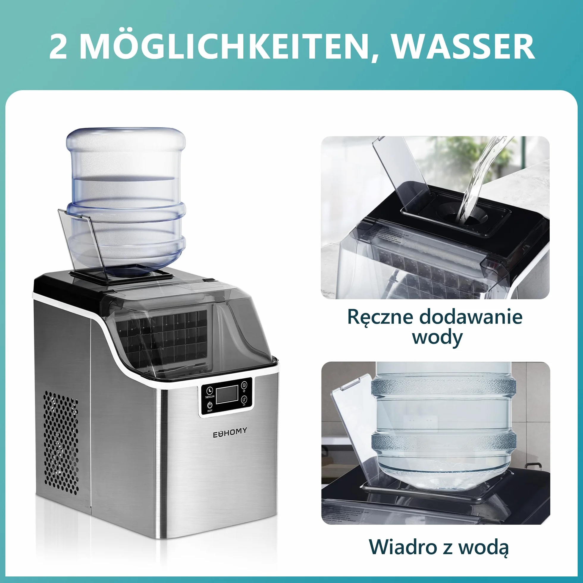EUHOMY Kostkarka do lodu ze stali nierdzewnej, 24 kostki lodu w ciągu 13 minut, 24 kg/24 h, samoczyszcząca kostkarka do lodu 3,2 l, z szufelką do lodu i koszem, do domu, kuchni, biura, baru, kampera