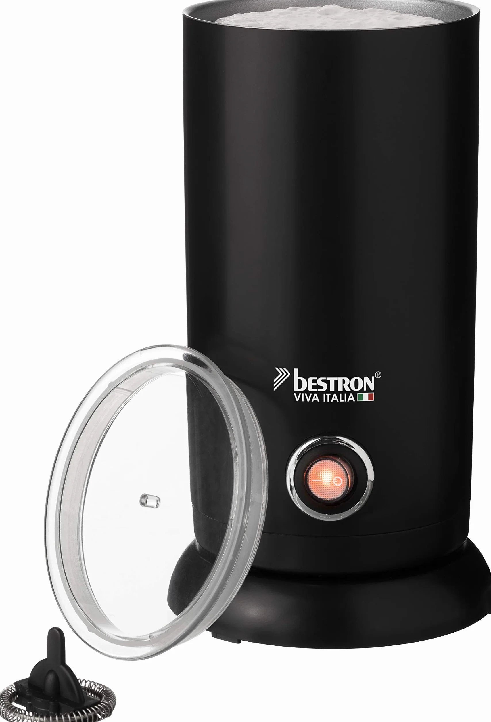 Bestron Viva Italia elektryczny spieniacz do mleka, podstawa 360° i pojemność do 300 ml, bezprzewodowy, 550 W, kolor: czarny
