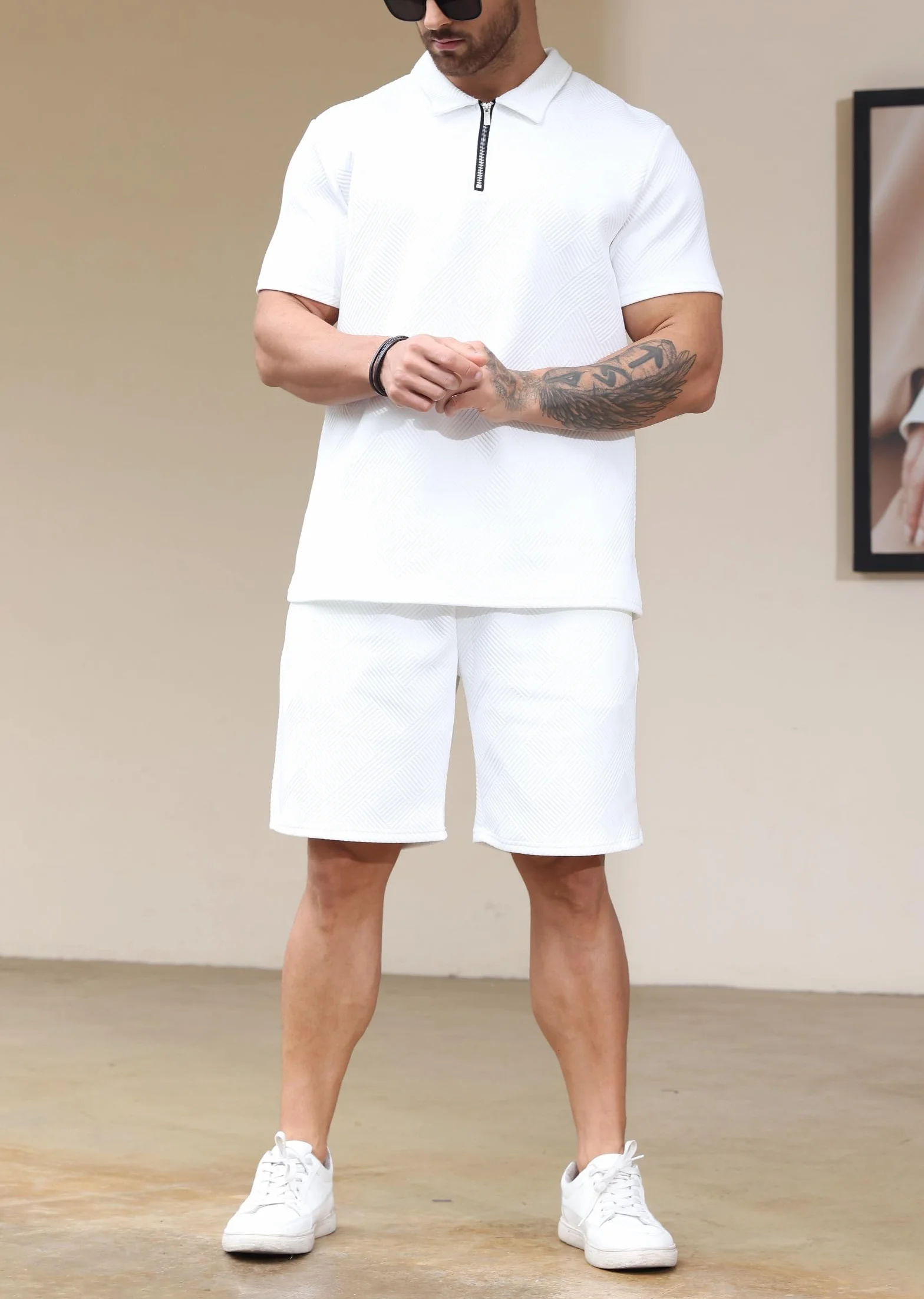 Hoefirm Męski dres polo z krótkim rękawem, zestaw, zamek błyskawiczny, joggery, siłownia, top na co dzień, bieganie, sport, odzież sportowa, 2-częściowe spodnie garniturowe