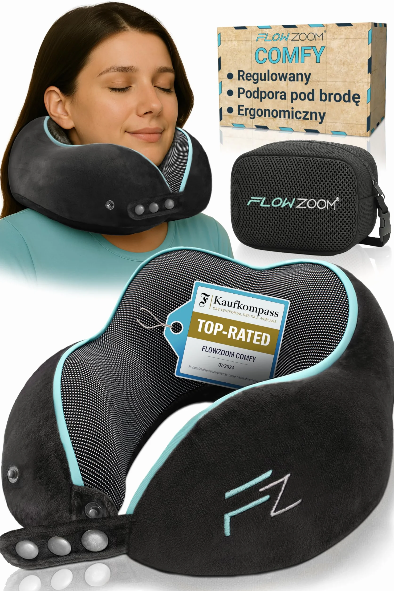 FLOWZOOM Comfy Poduszka Podróżna z Pianki Memory do Samolotu i Auta – Regulowany Zagłówek ze Wsparciem 360°, Miękki Zmywalny Pokrowiec z Pluszu i Kompaktowy Worek – Czarny