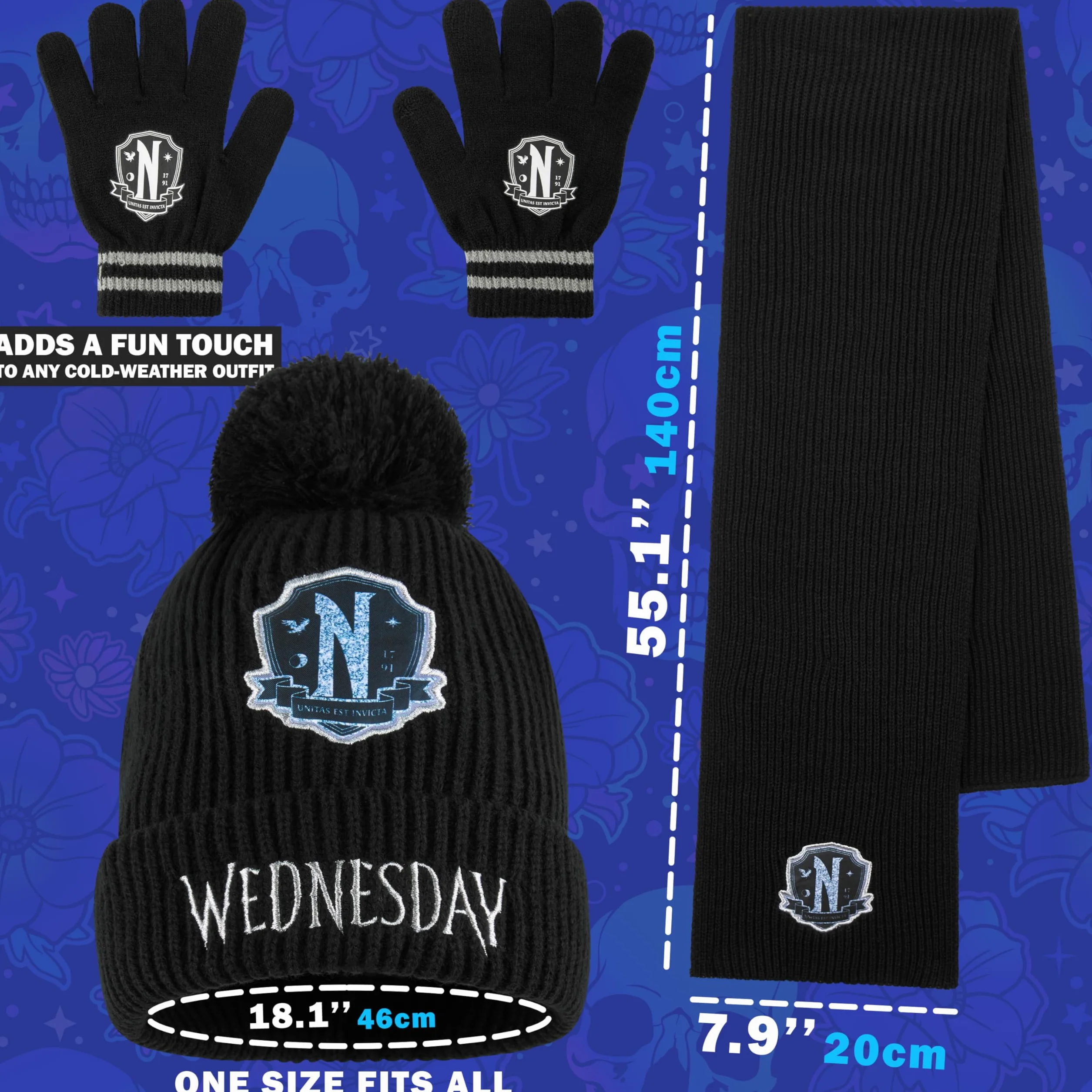 Wednesday Zestaw akcesoriów zimowych z zimową czapką beanie dla dziewczynek i nastolatków 6-14 lat, 3-częściowy ciepły szal i rękawiczki z dzianin, gotyckie prezenty dla dziewczynek