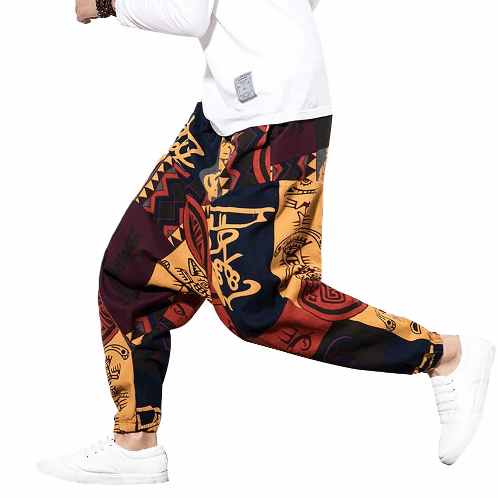 Męskie luźne spodnie hip-hopowe bawełniane lniane Harem Aladdin Yoga Casual Bohemia Bloomers spodnie z nadrukiem z kieszeniami